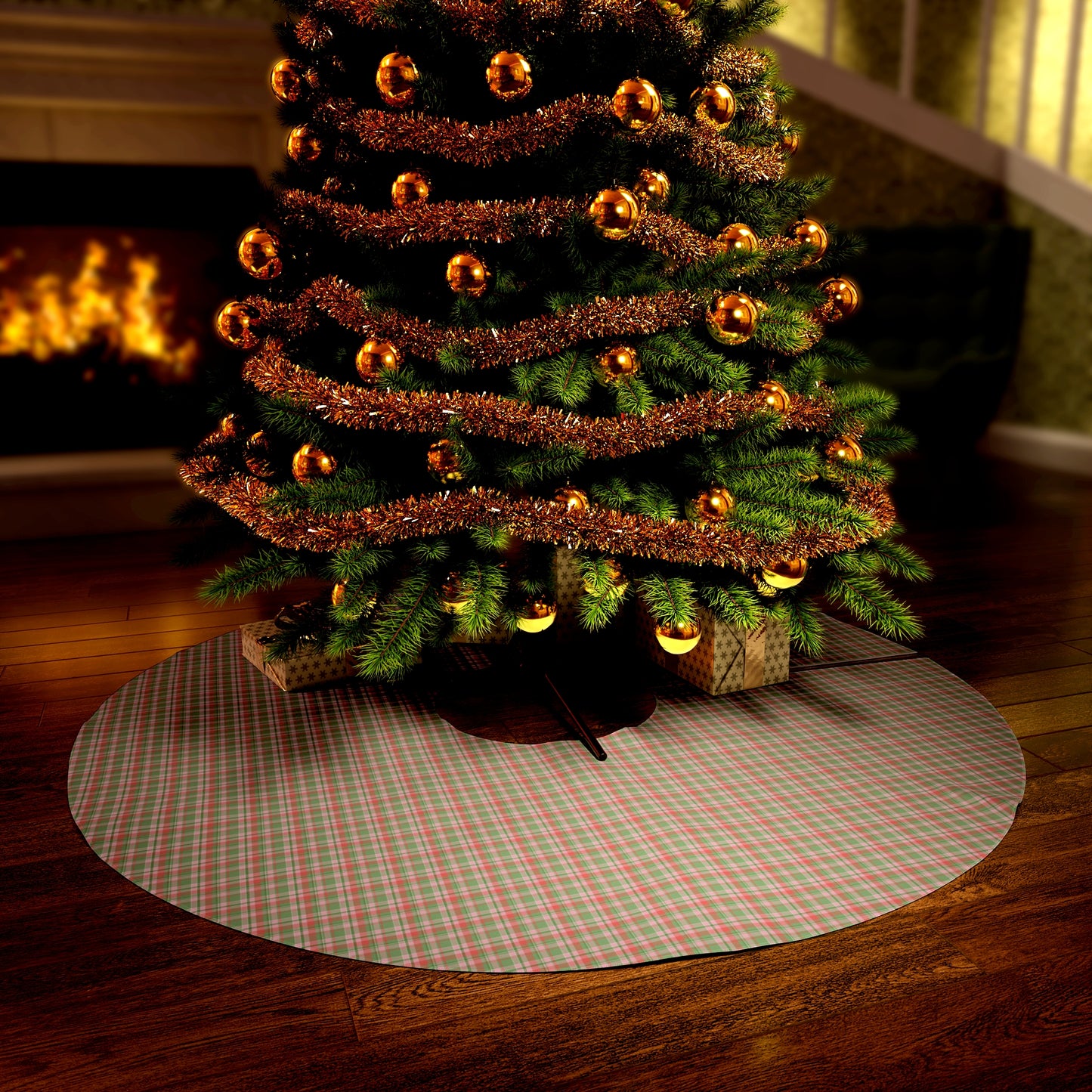 Pink and Green Plaid Round Tree Skirt