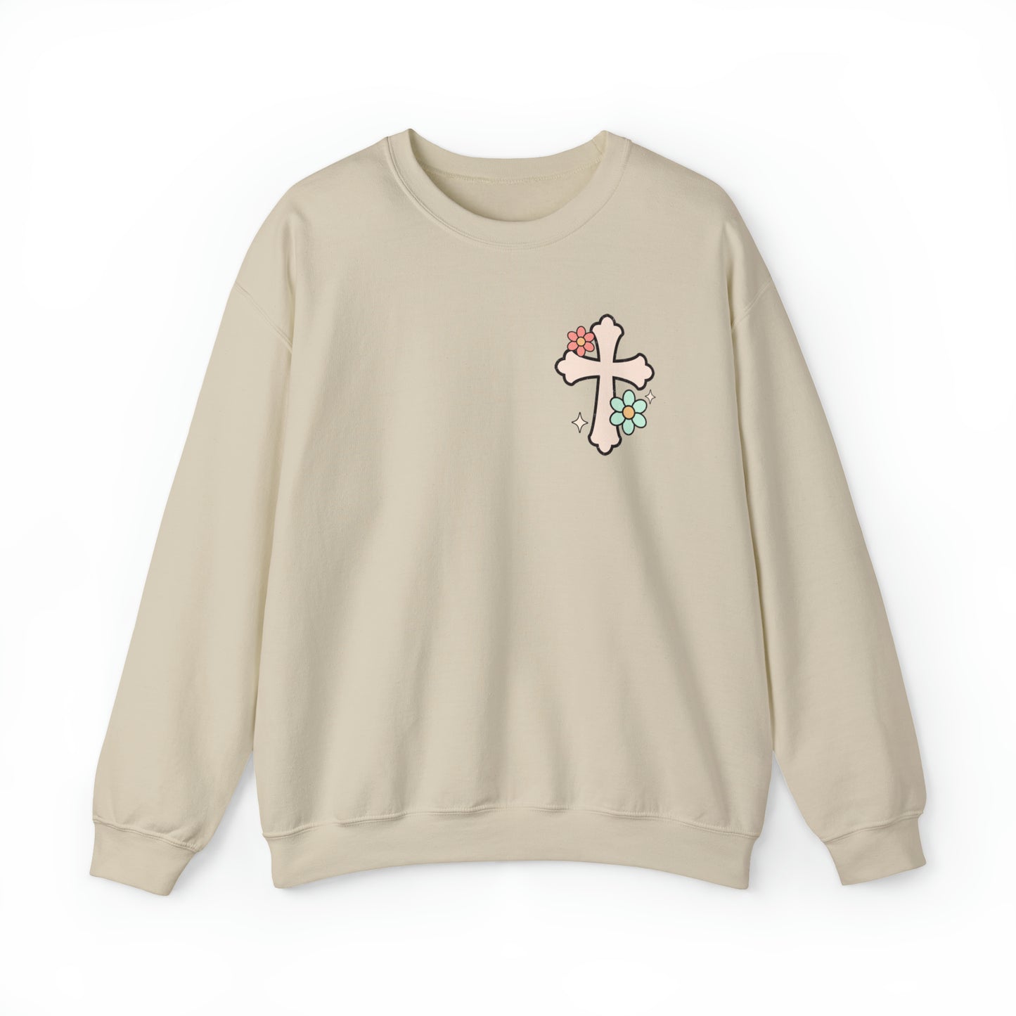 Vintage Grow in Grace with Cross Boho Color Print -  Front and Back Design Heavy Blend™ Crewneck Sweatshirt