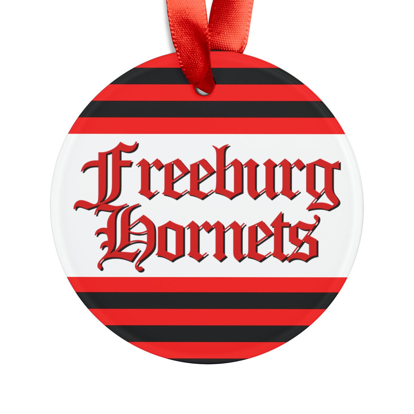 Freeburg Hornet Red and Black Striped Ornament with Ribbon - white