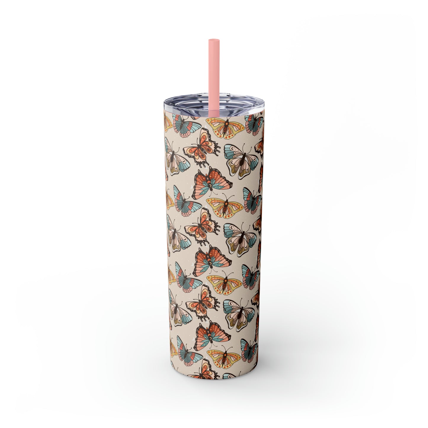 Boho Butterfly Brown Skinny Tumbler with Straw, 20oz