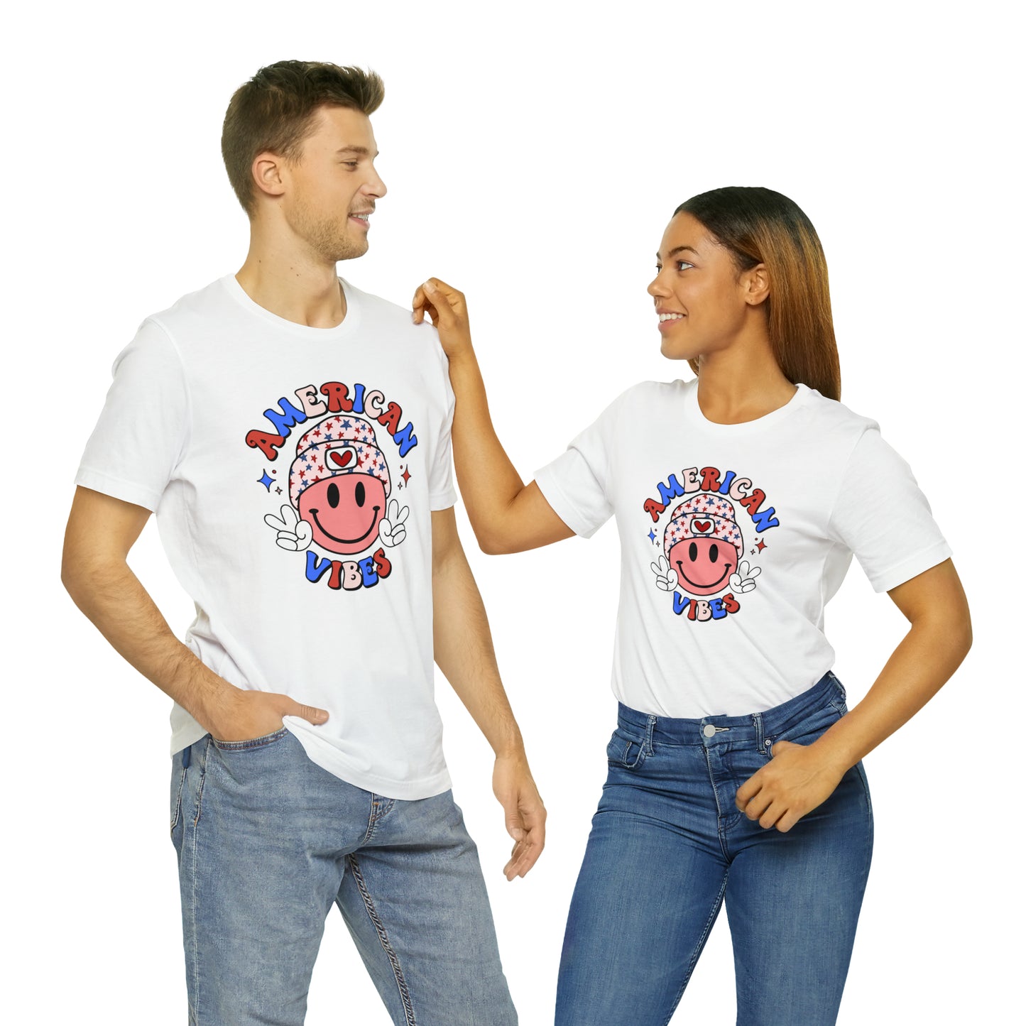 American Vibes USA Smiley Face with Stars Beanie with two hand peace signs Unisex Jersey Short Sleeve Tee