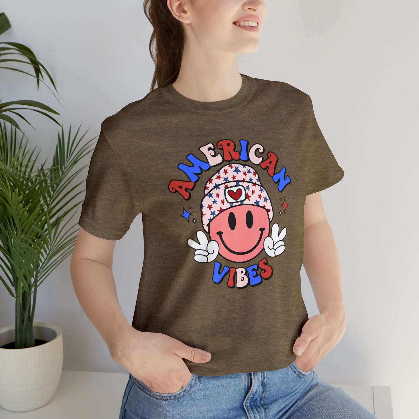 American Vibes USA Smiley Face with Stars Beanie with two hand peace signs Unisex Jersey Short Sleeve Tee