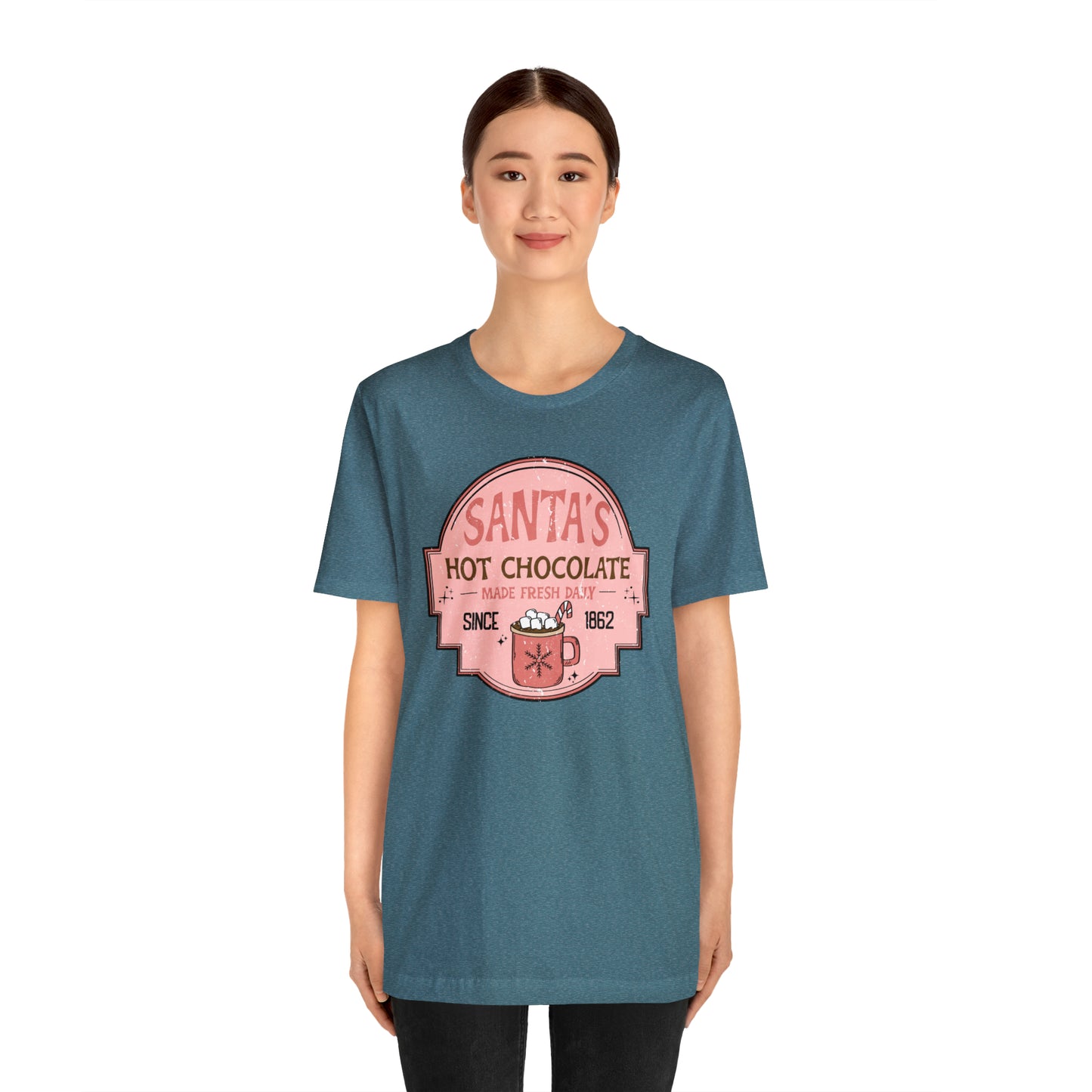 Santa's Hot Chocolate Pink Christmas/ Holiday Bella Jersey Short Sleeve Tee (Unisex)