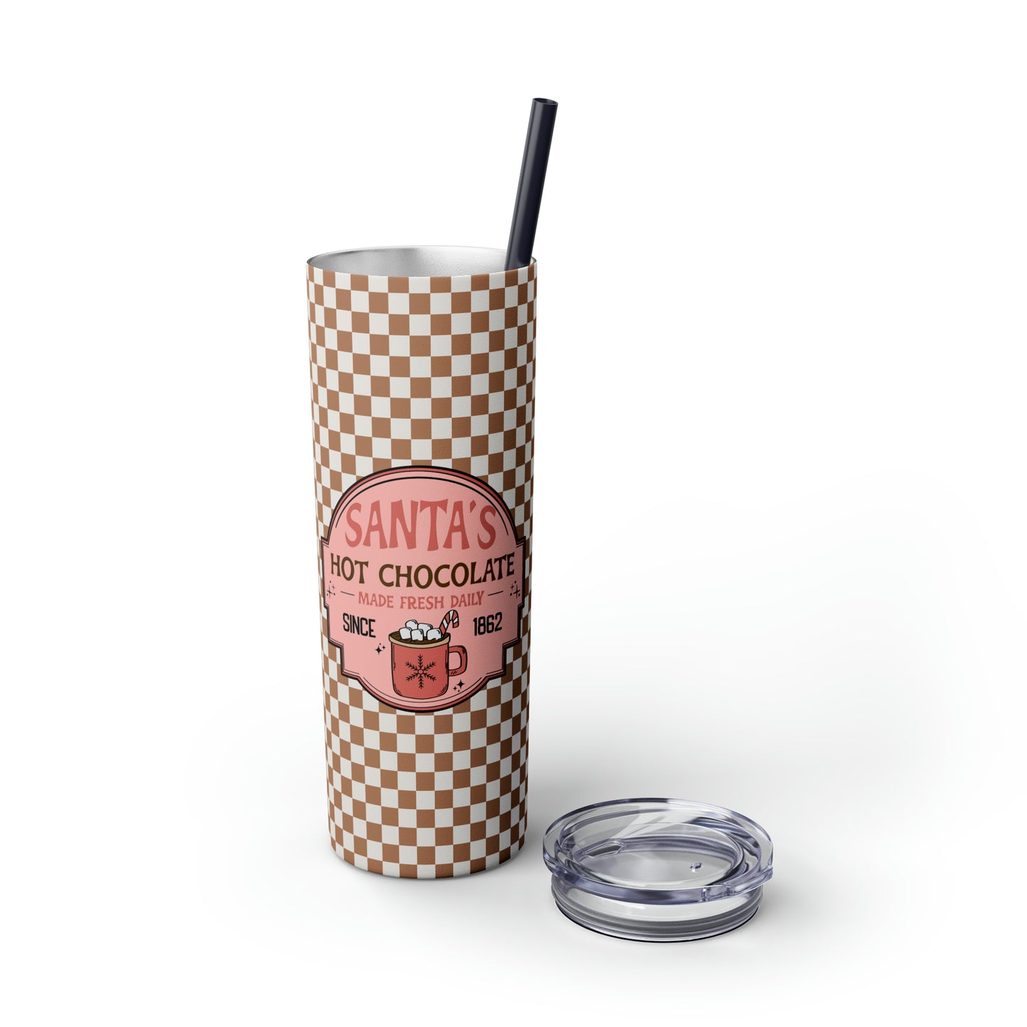 Santa's Hot Chocolate Brown Checkerboard Christmas/ Holiday Skinny Tumbler with Pick your Color Straw, 20oz