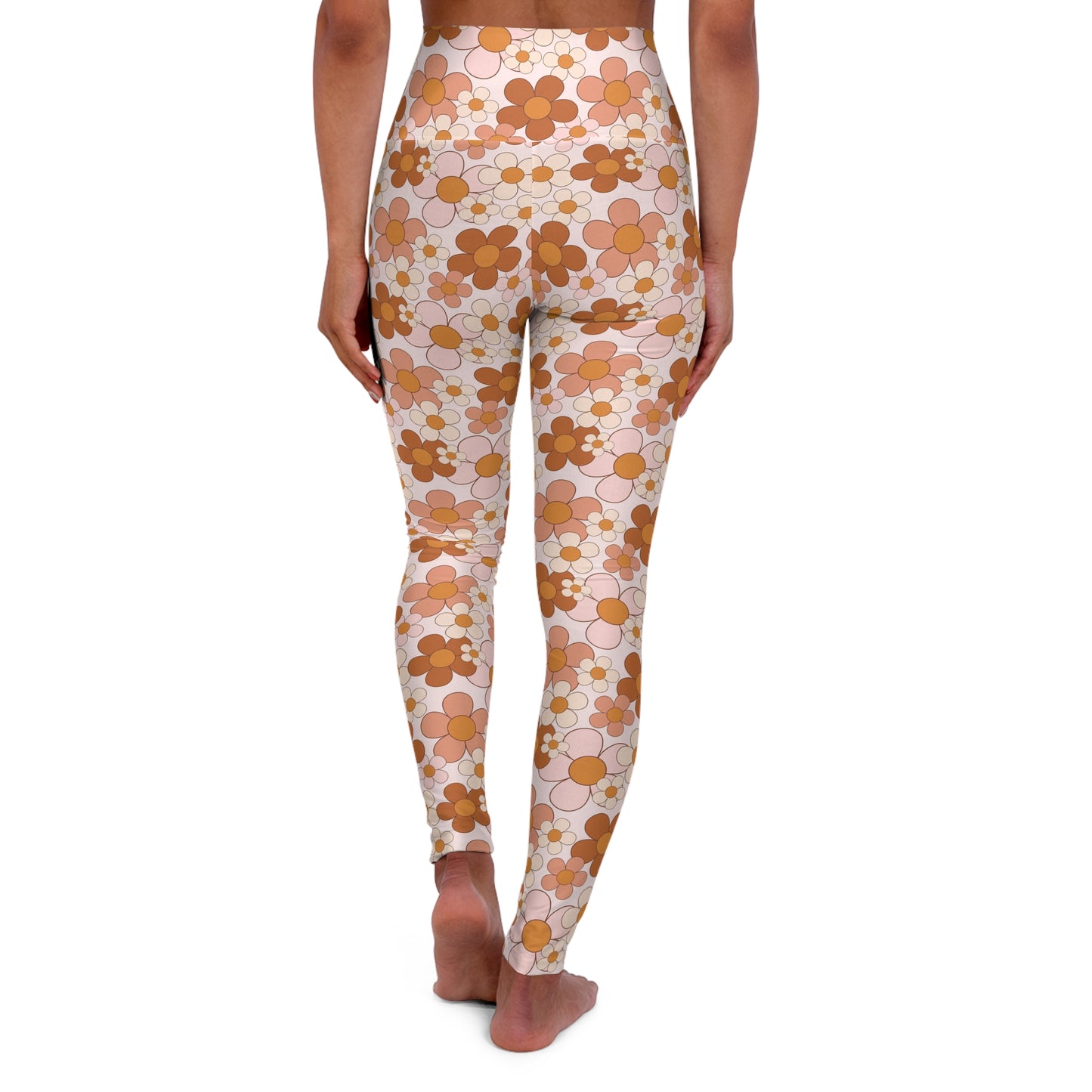 Retro Daisy Rust and Pink Floral High Waisted Yoga Leggings