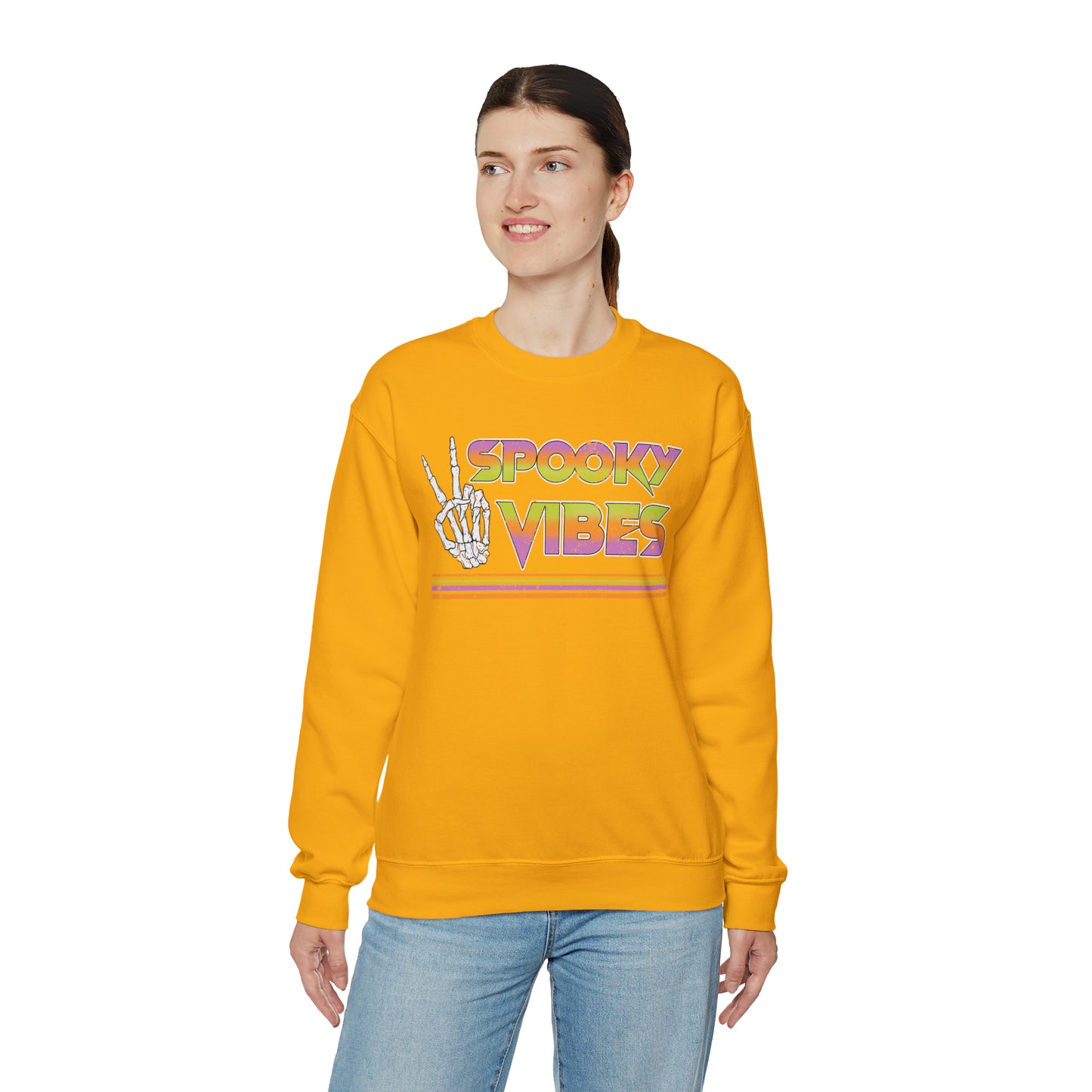 Spooky 80's Vibes Vintage Skeleton Piece Sign Fall Halloween  Unisex Heavy Blend™ Crewneck Sweatshirt