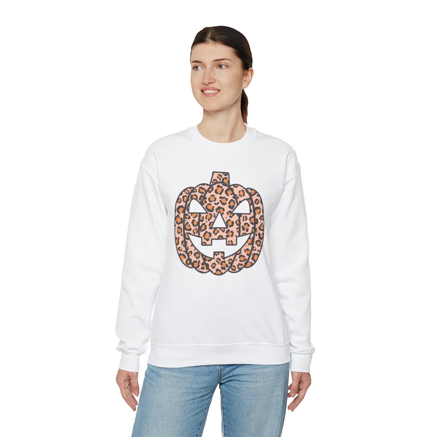 Boho Leopard Print Pumpkin Fall Halloween Retro Warm Colored  Unisex Heavy Blend™ Crewneck Sweatshirt