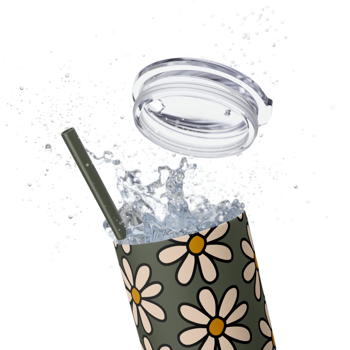 Peach Daisy Print Skinny Tumbler with Straw, 20oz