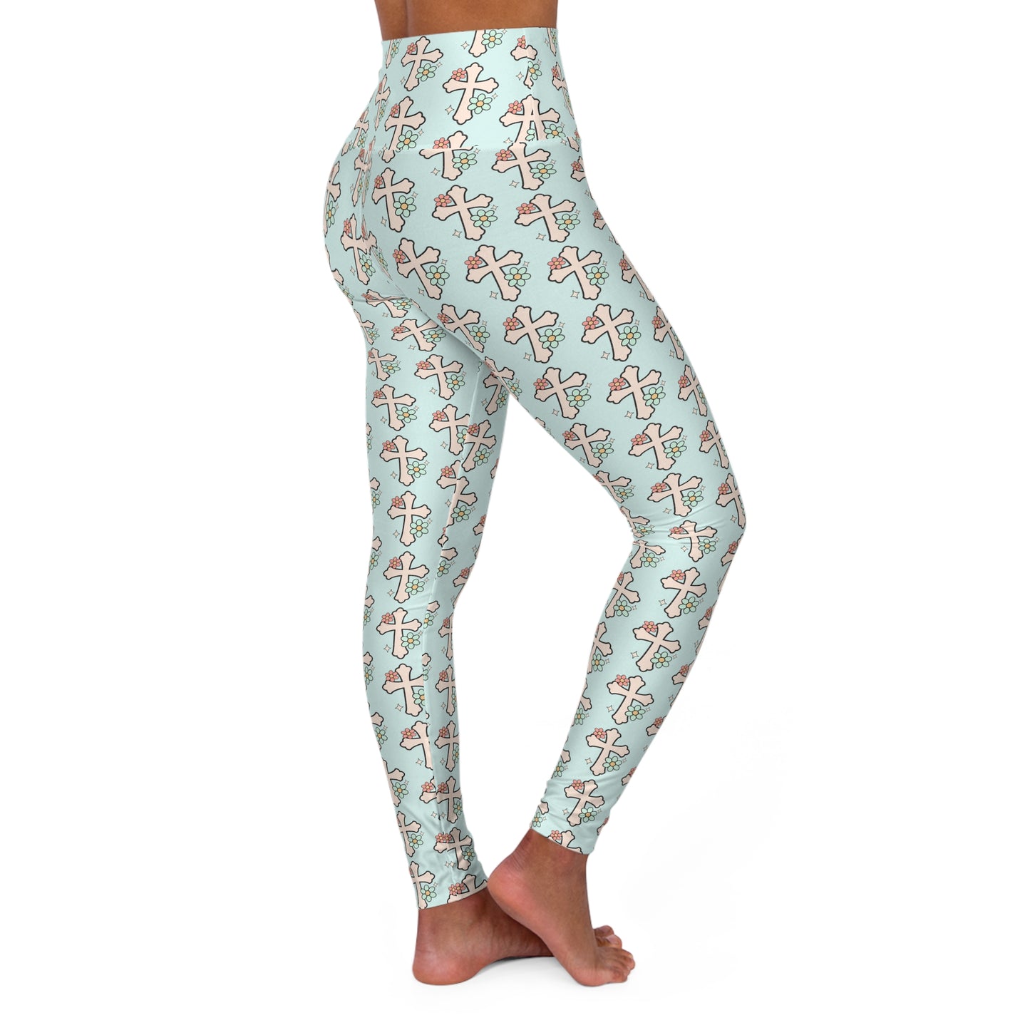 Boho Pink Cross Christian and Faith High Waisted Yoga Leggings - and Light Turquoise