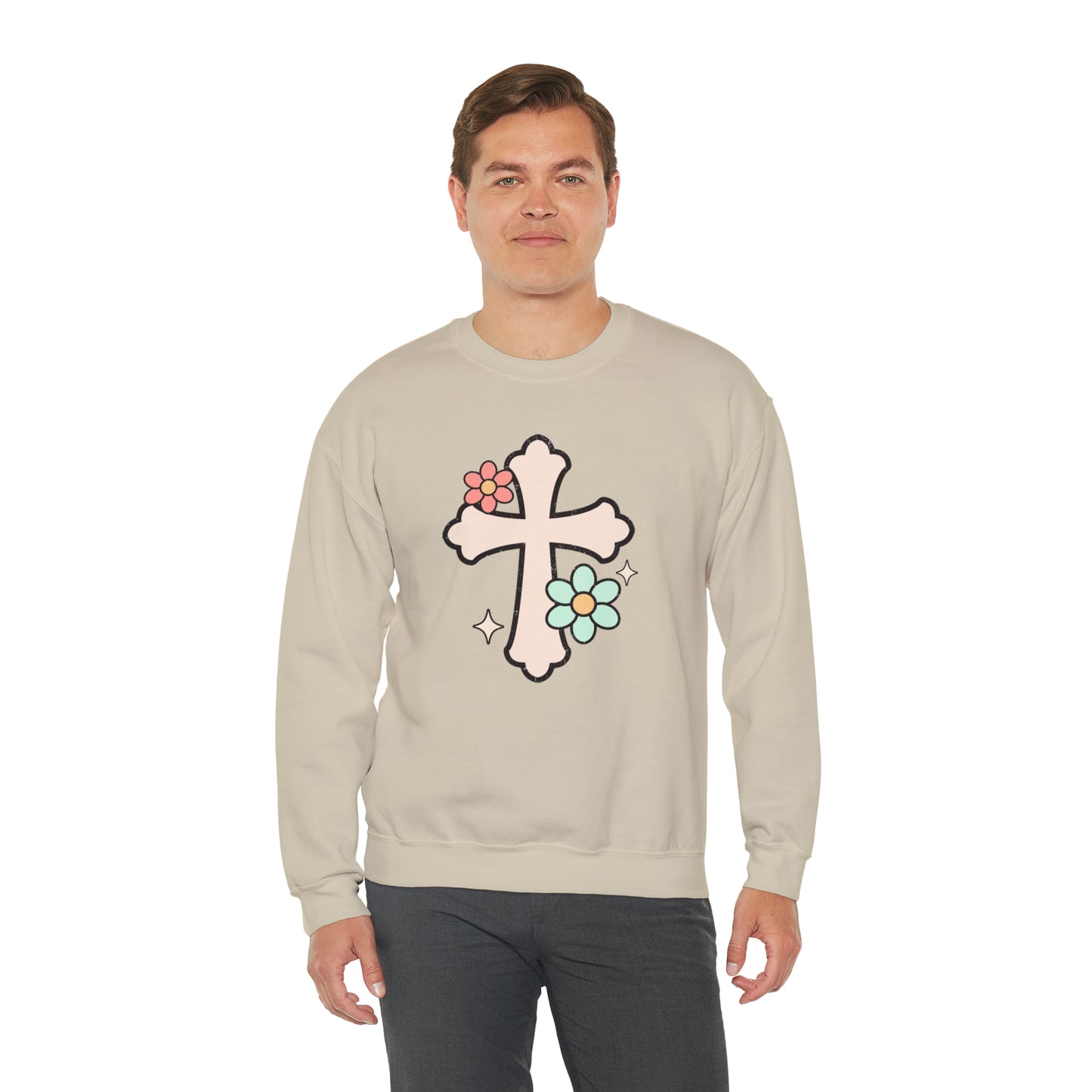 Vintage Floral Cross Design Heavy Blend™ Crewneck Sweatshirt