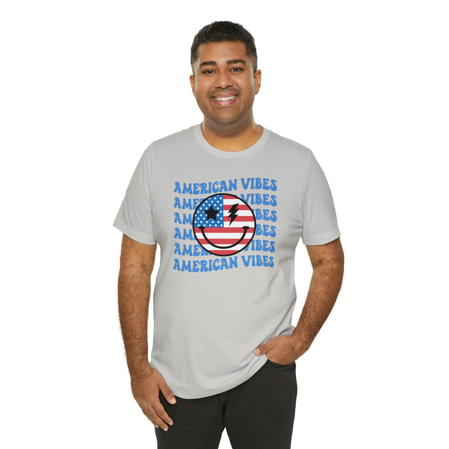 USA American Vibes American Flag Smiley Face Unisex Jersey Short Sleeve Tee