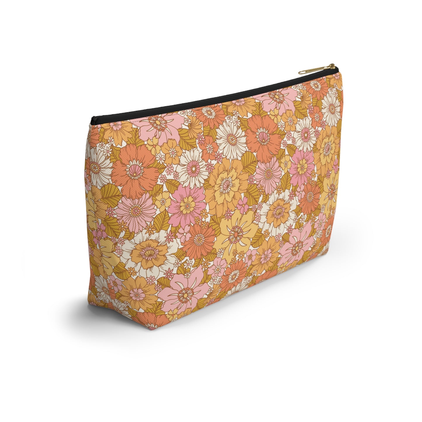 Peachy Golden Retro Floral Print Design Accessory Pouch w T-bottom