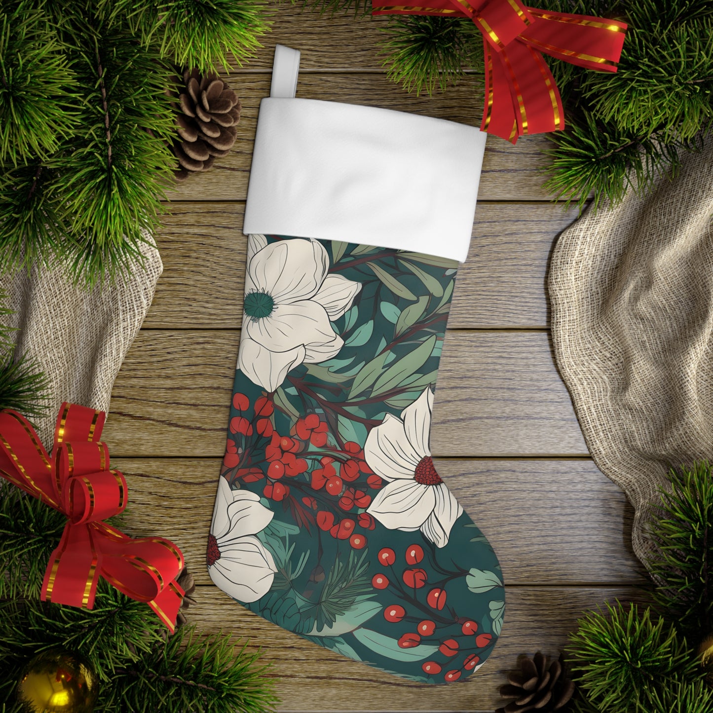 Christmas Red and Green Botanical Holiday Stocking