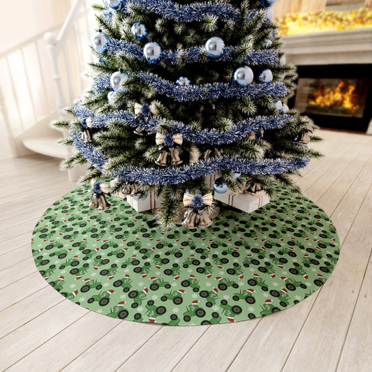 Christmas Green Santa Tractor Round Tree Skirt