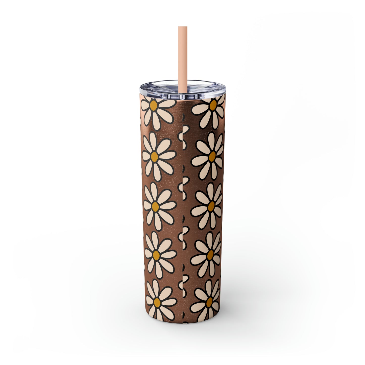 Peach Daisy Print Skinny Tumbler with Straw, 20oz