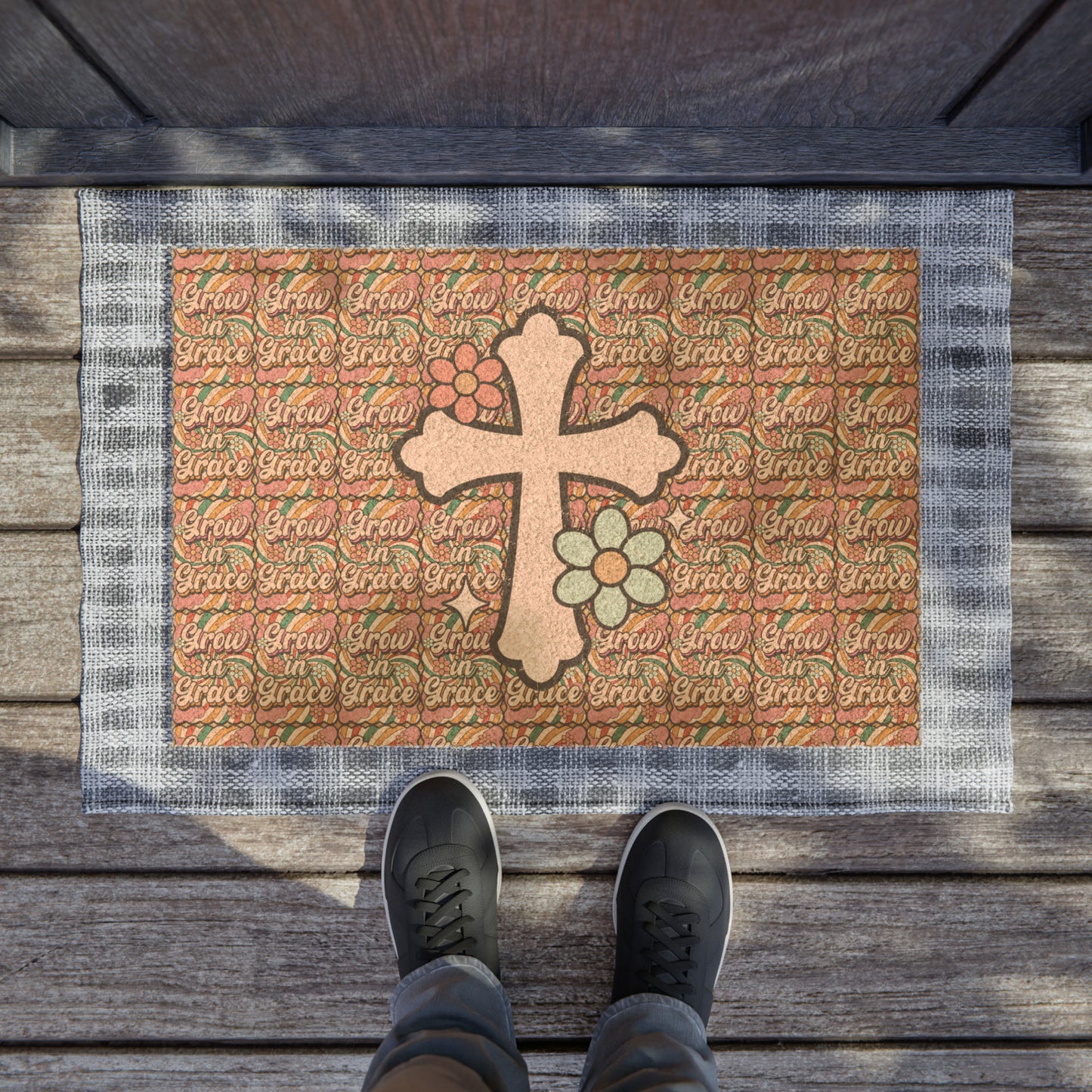 Grow in Grace with Floral Cross Christian Coir Mat