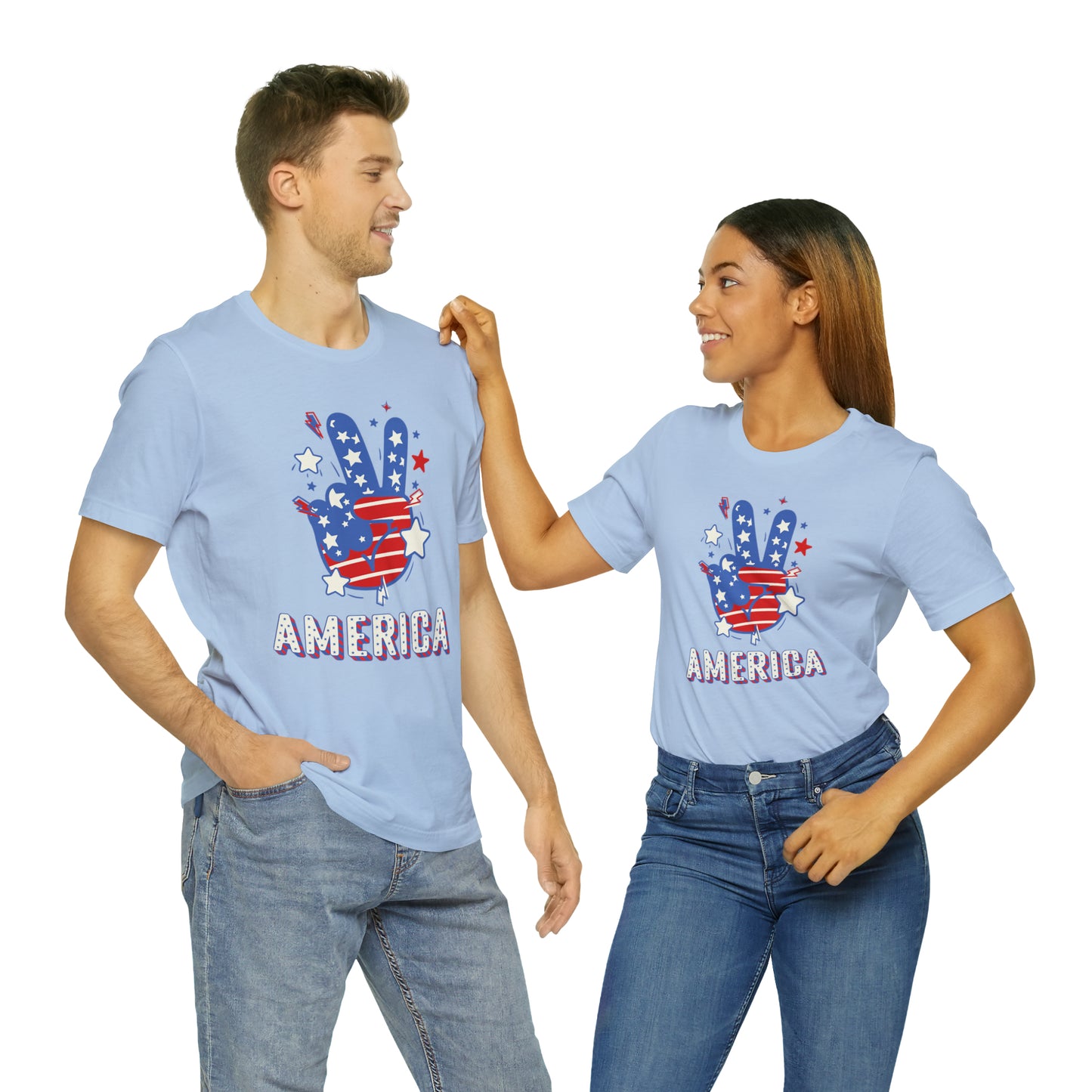 America USA Stars Peace Sign with Hands Unisex Jersey Short Sleeve Tee