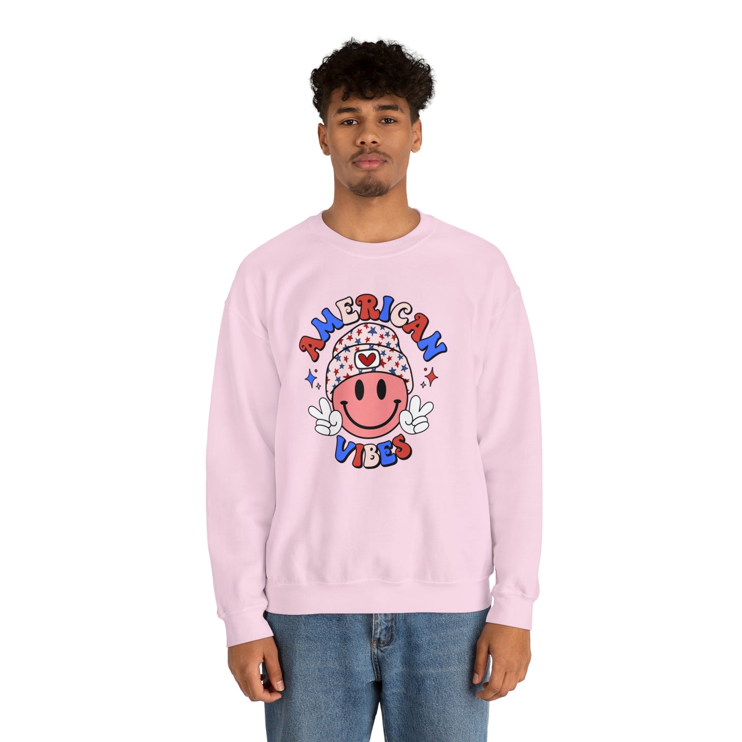 USA American Vibes Smiley Face with Heart Beanie and Peace Signs Heavy Blend™ Crewneck Sweatshirt