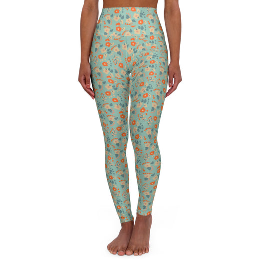 Boho Blue and Orange Dainty Floral High Waisted Yoga Leggings