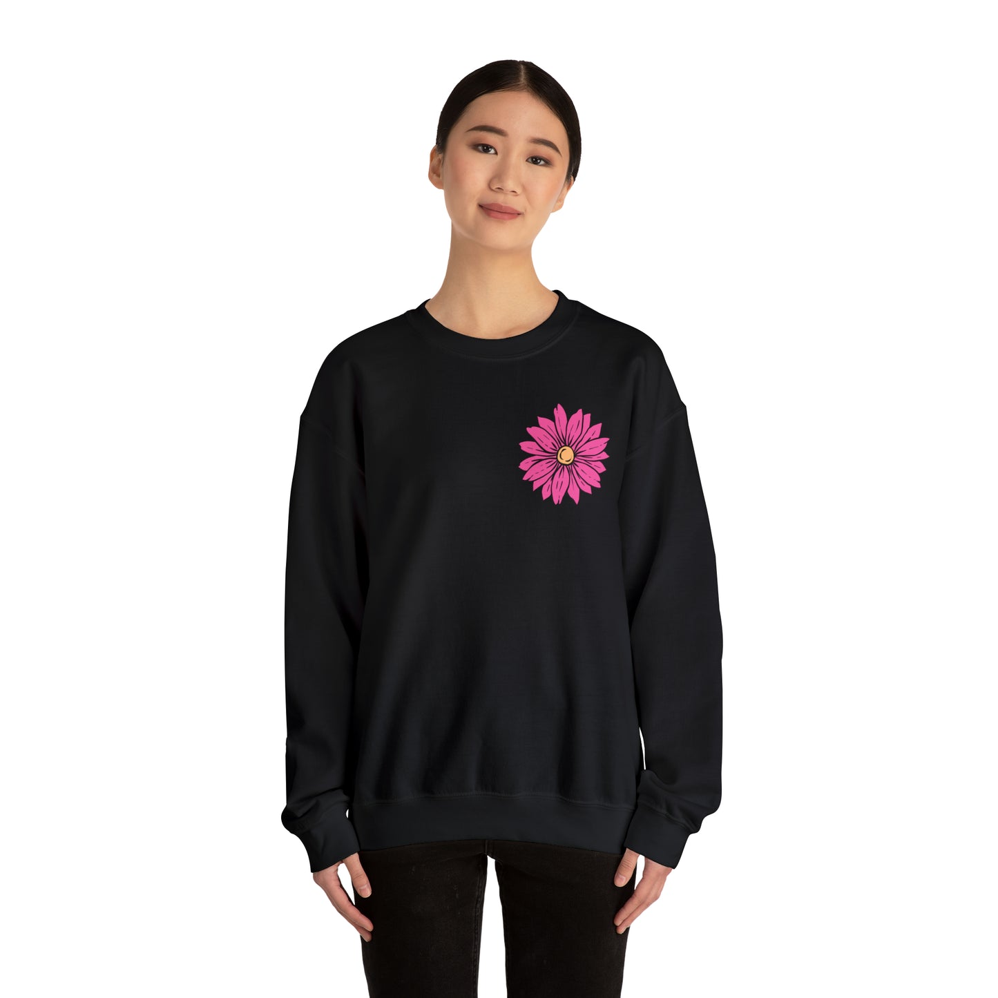 FRONT AND BACK DESIGN Positive Energy (Flower on Front and Message on Back) Font Heavy Blend™ Crewneck Sweatshirt