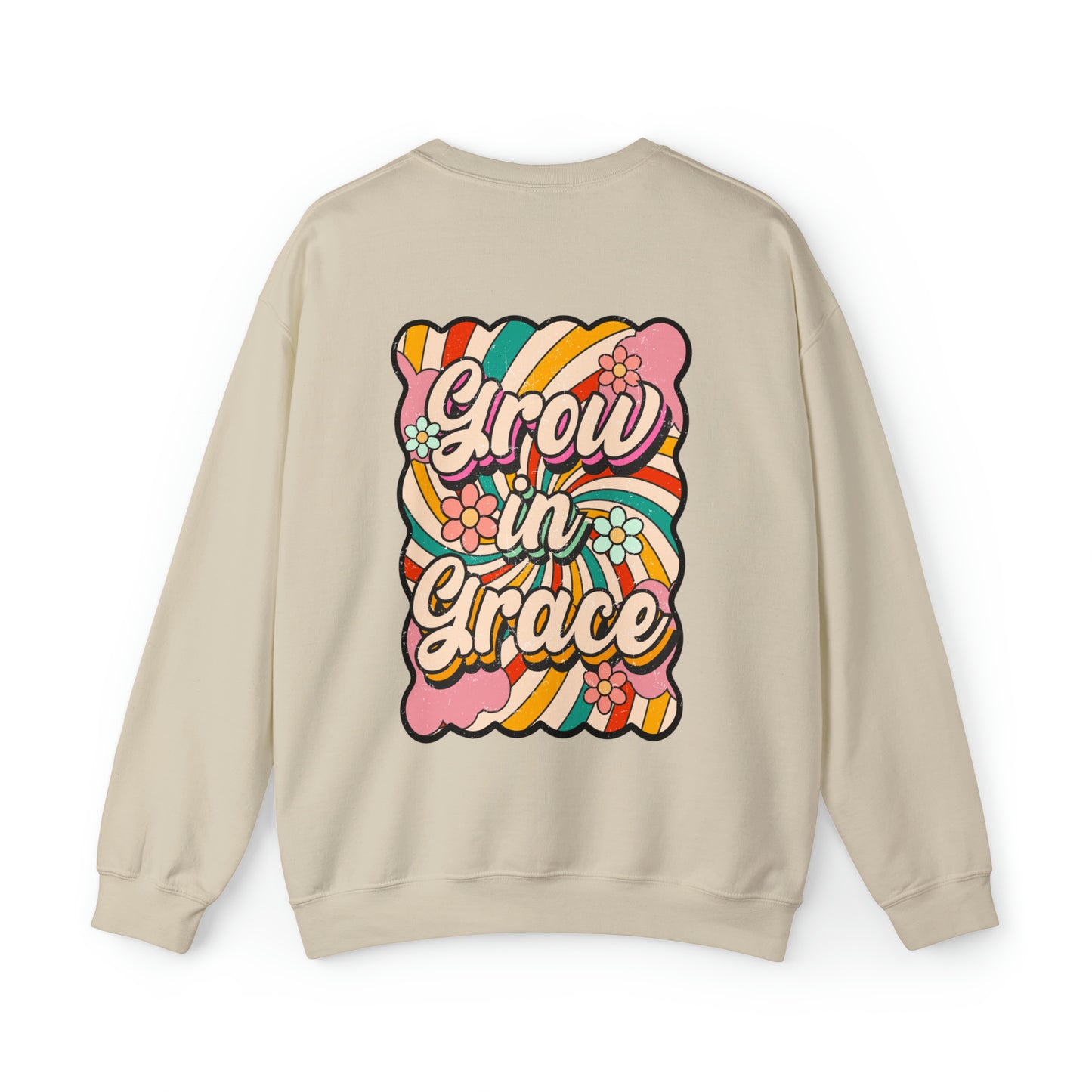 Vintage Grow in Grace with Cross Boho Color Print -  Front and Back Design Heavy Blend™ Crewneck Sweatshirt