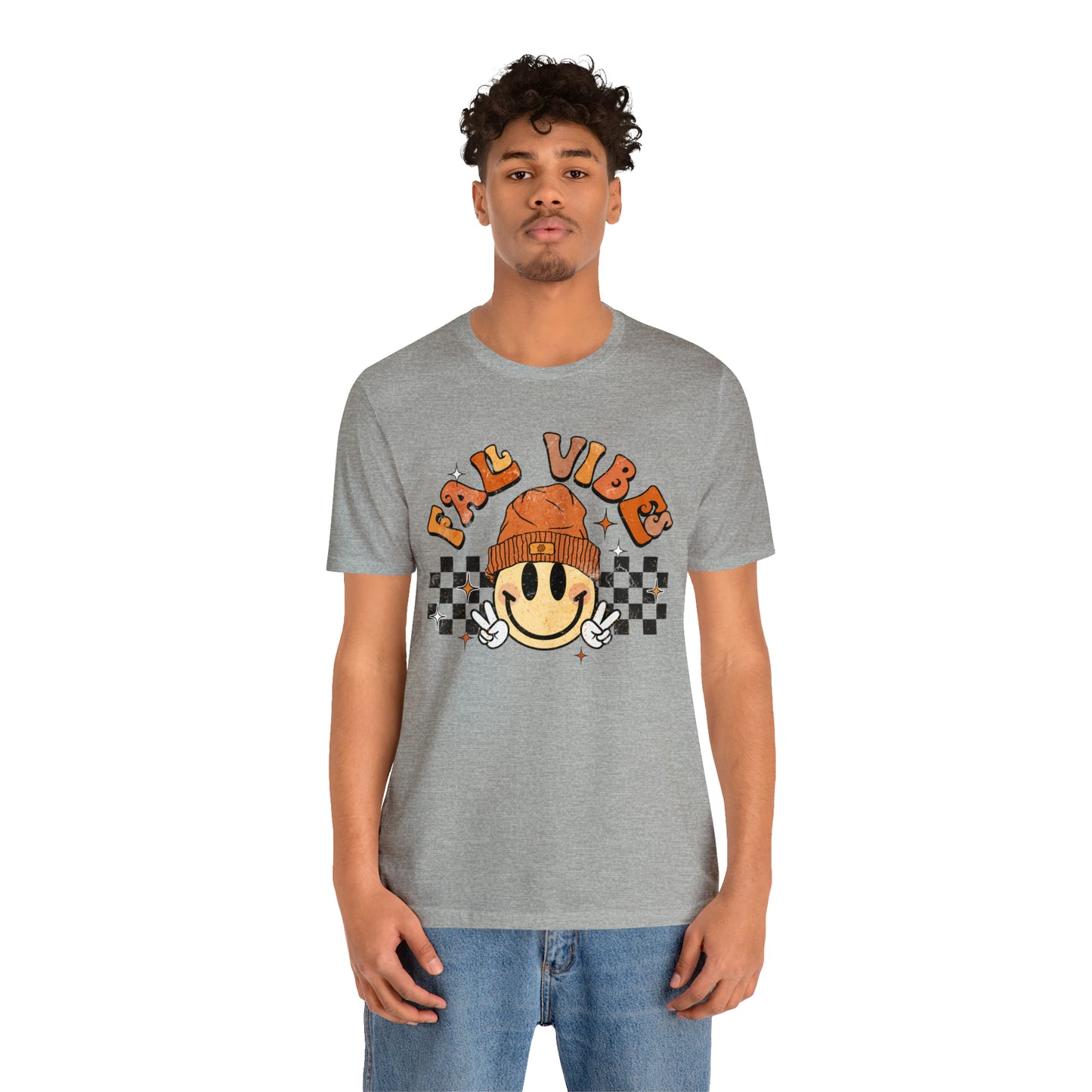 Distressed Halloween Fall Vibes Smiley Face with Beanie and Peace Sign T-Shirt