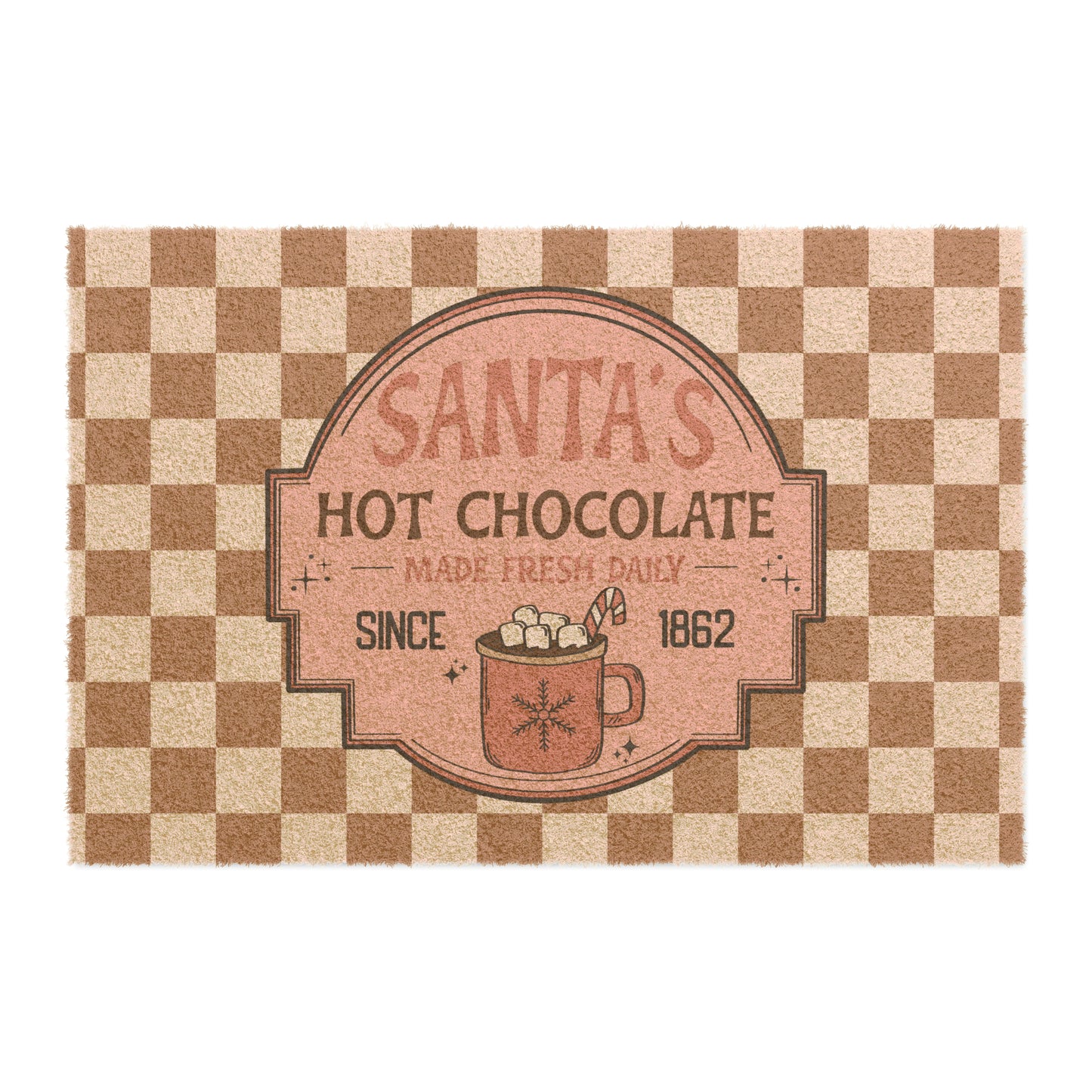 Santa's Hot Chocolate Brown Checkerboard Christmas/ Holiday Coir Mat