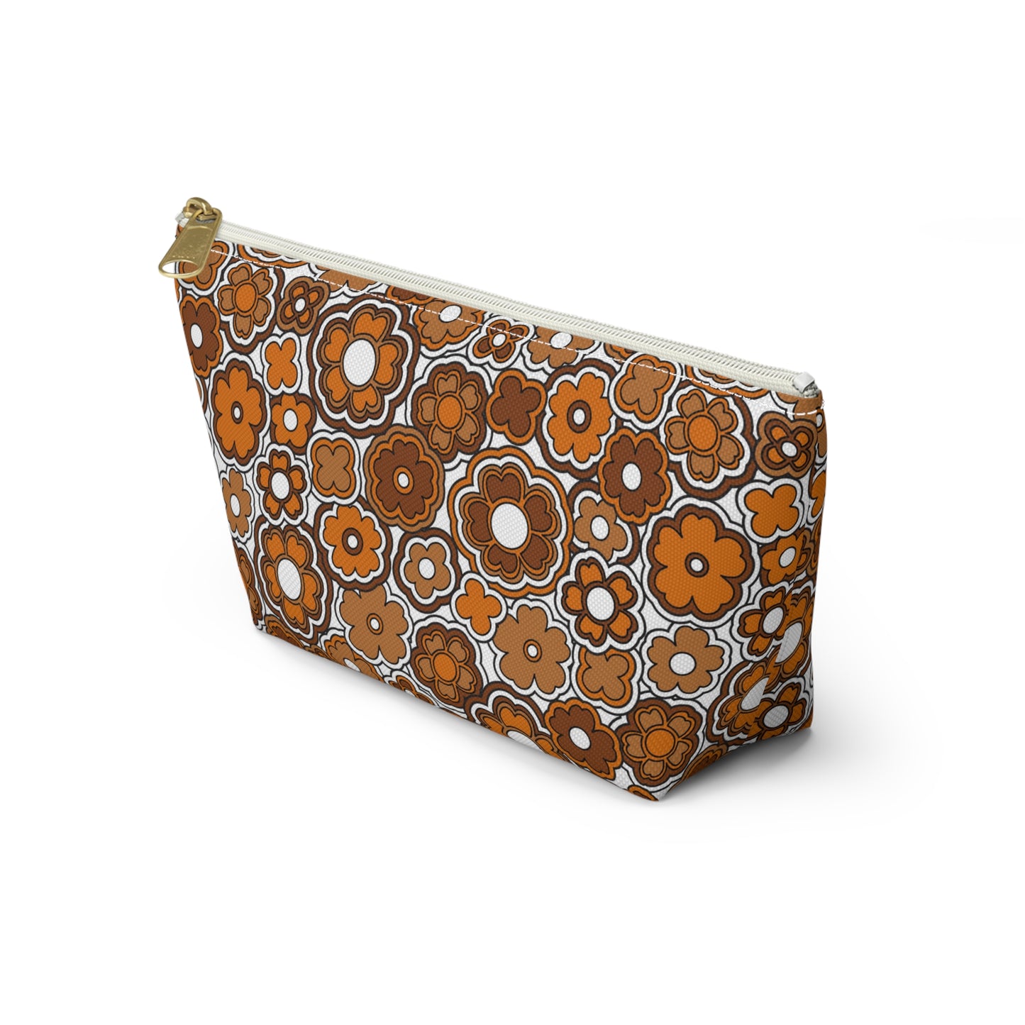 Flower Power Retro Brown Print  Accessory Pouch w T-bottom