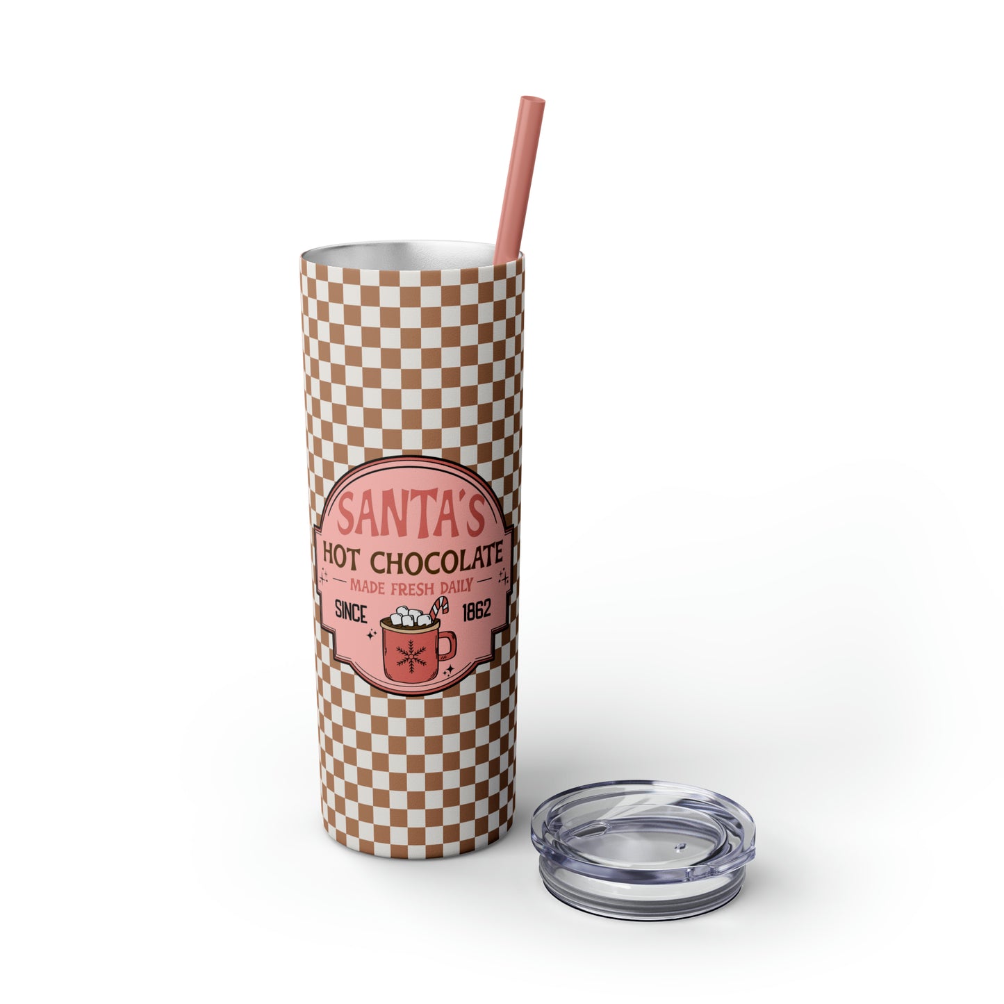 Santa's Hot Chocolate Brown Checkerboard Christmas/ Holiday Skinny Tumbler with Pick your Color Straw, 20oz