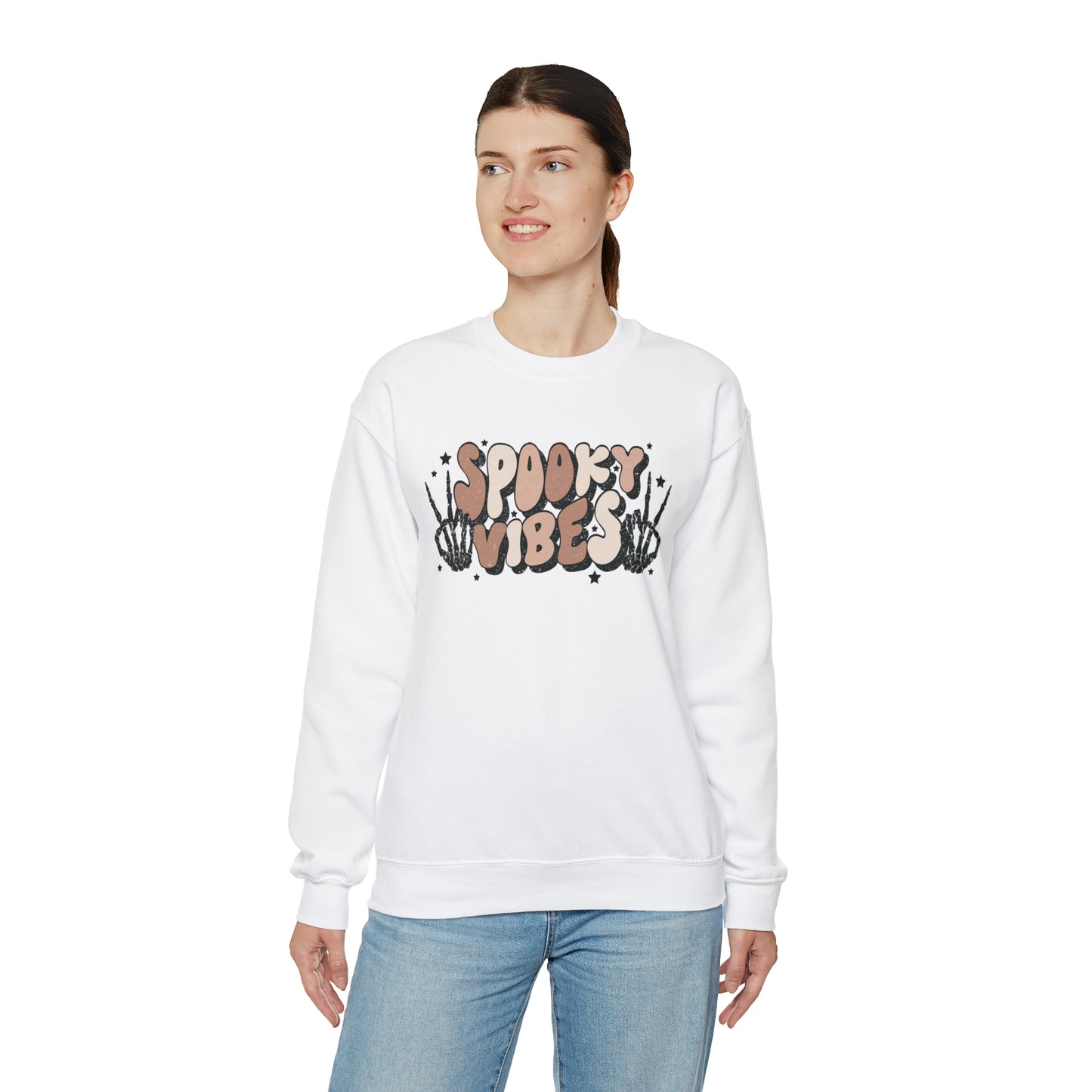 Spooky Vibes Skeleton Hands Fall Halloween Retro Warm Colored  Unisex Heavy Blend™ Crewneck Sweatshirt