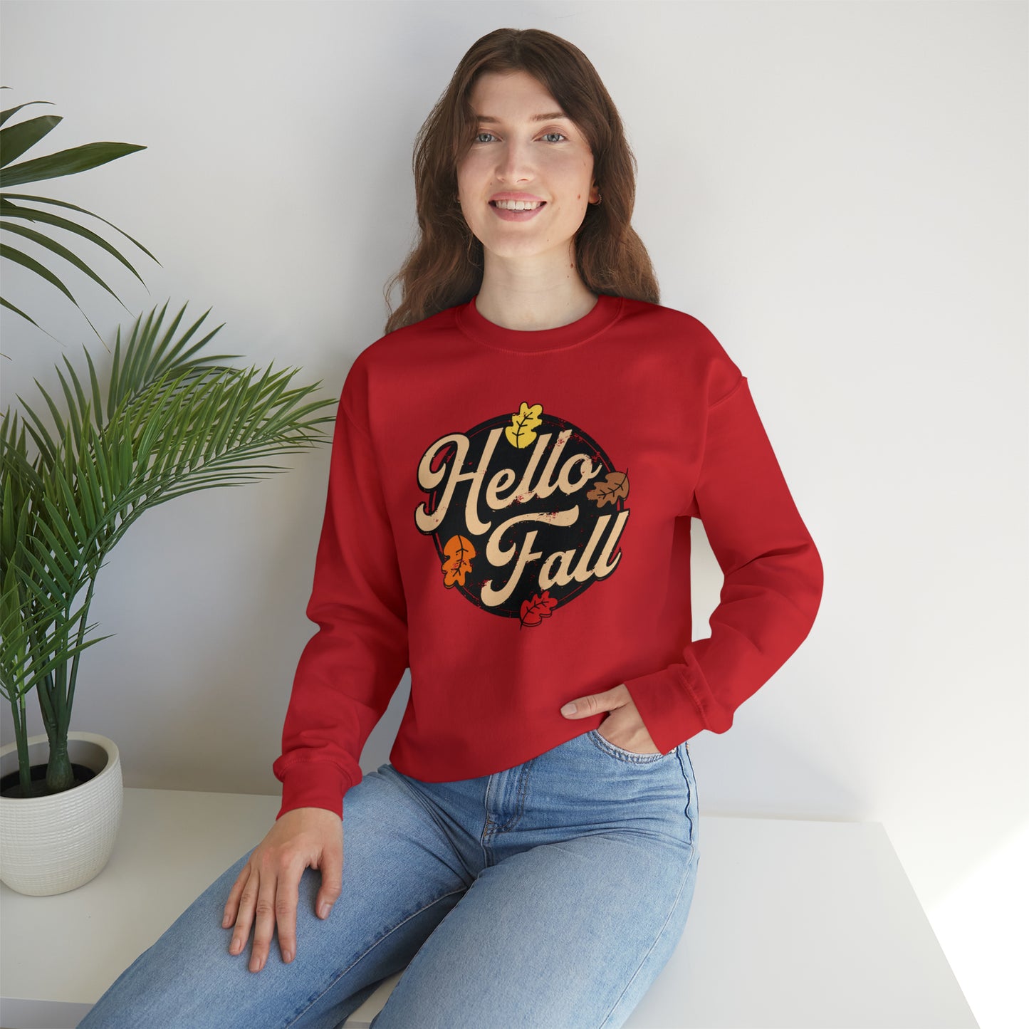 Hello Fall Halloween Retro Warm Colored  Unisex Heavy Blend™ Crewneck Sweatshirt