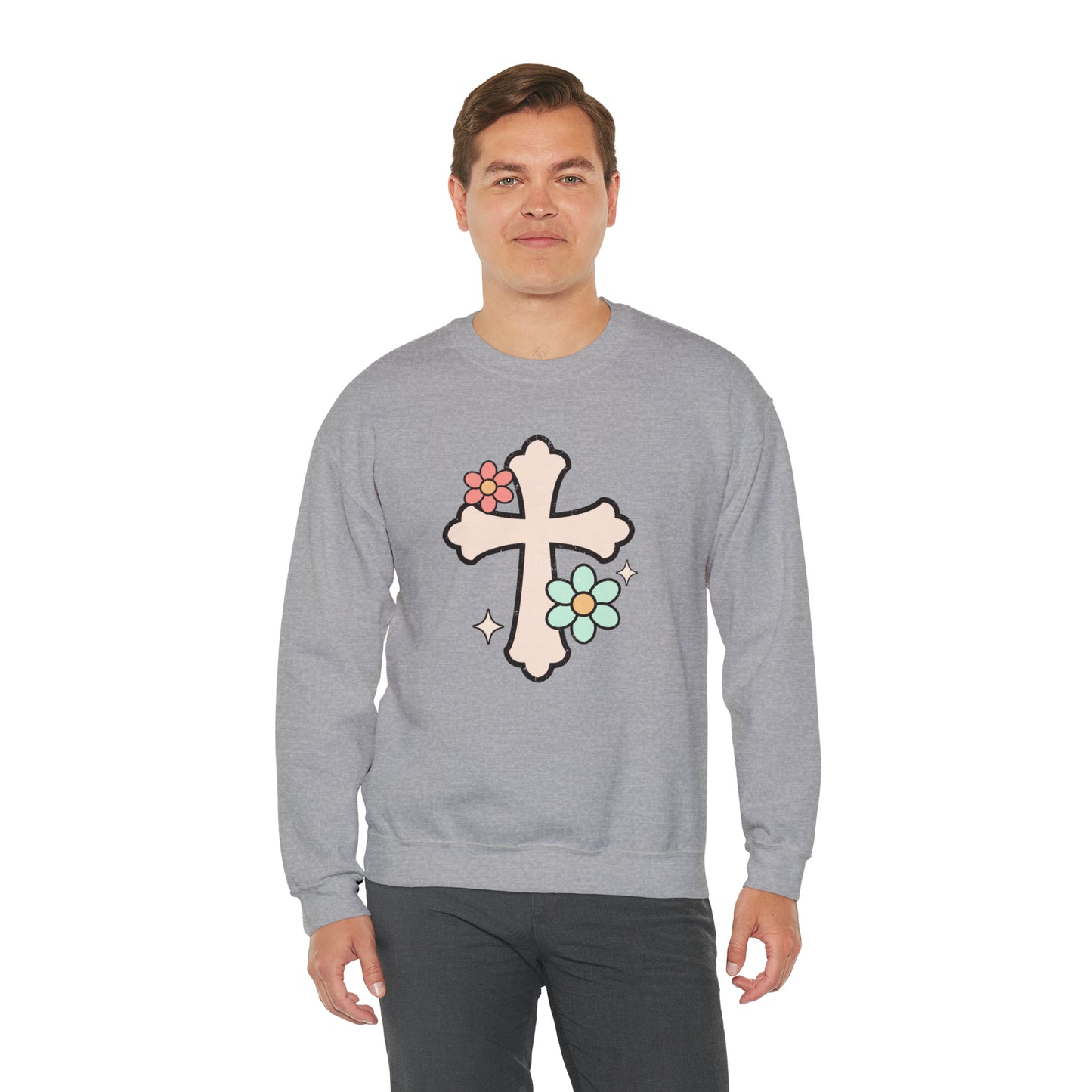 Vintage Floral Cross Design Heavy Blend™ Crewneck Sweatshirt