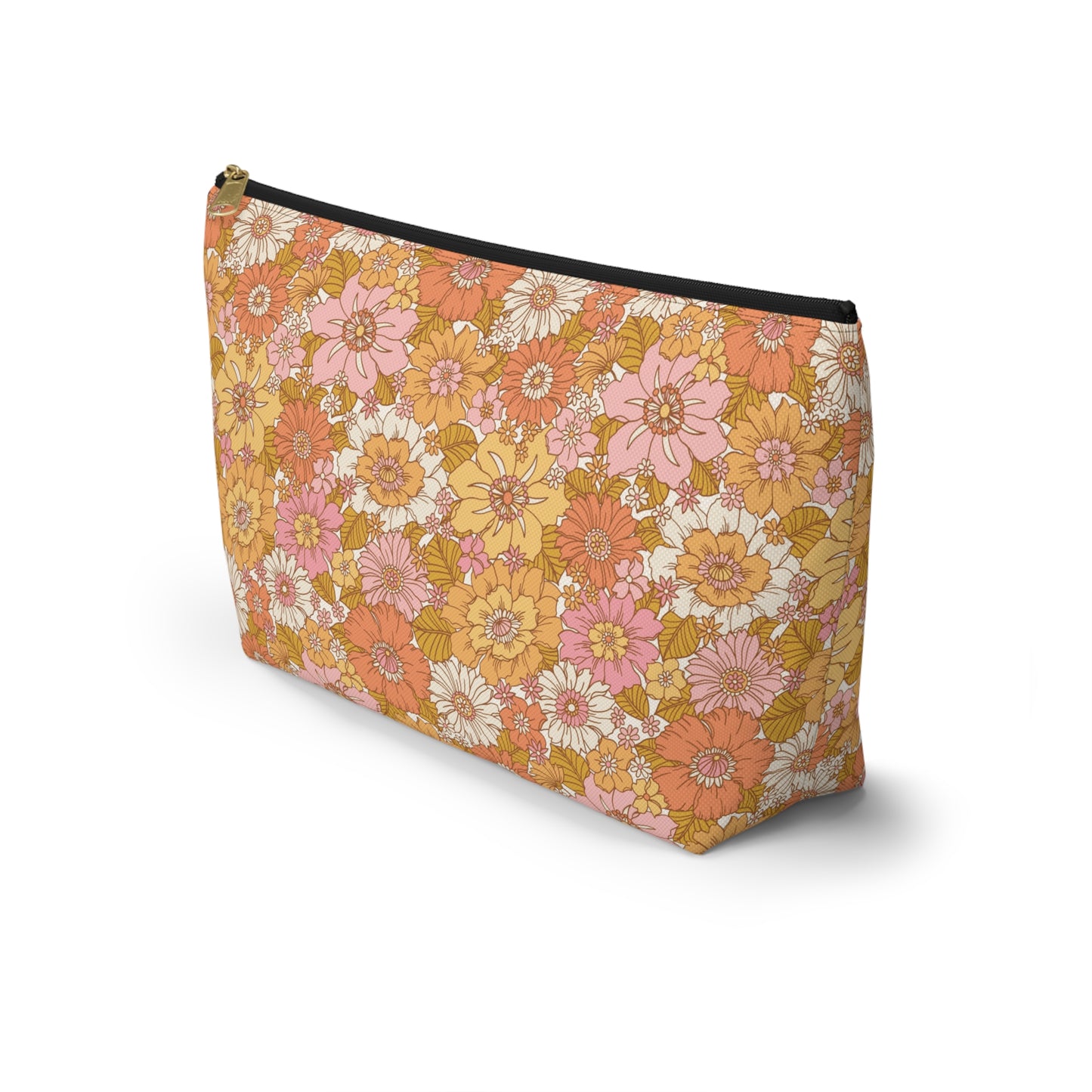 Peachy Golden Retro Floral Print Design Accessory Pouch w T-bottom