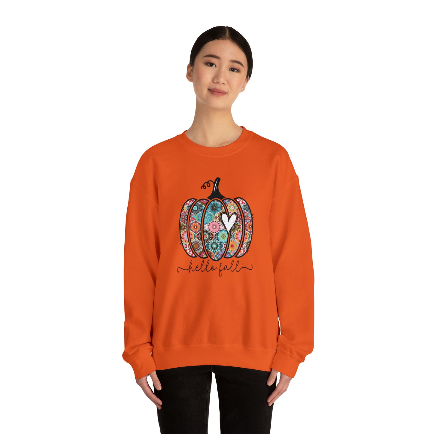 Hello Fall Print Pumpkin Fall Halloween Retro Warm Colored  Unisex Heavy Blend™ Crewneck Sweatshirt