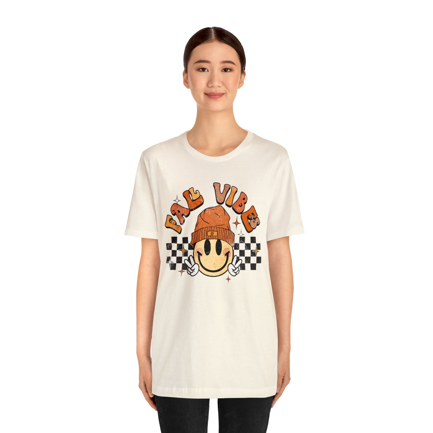 Distressed Halloween Fall Vibes Smiley Face with Beanie and Peace Sign T-Shirt