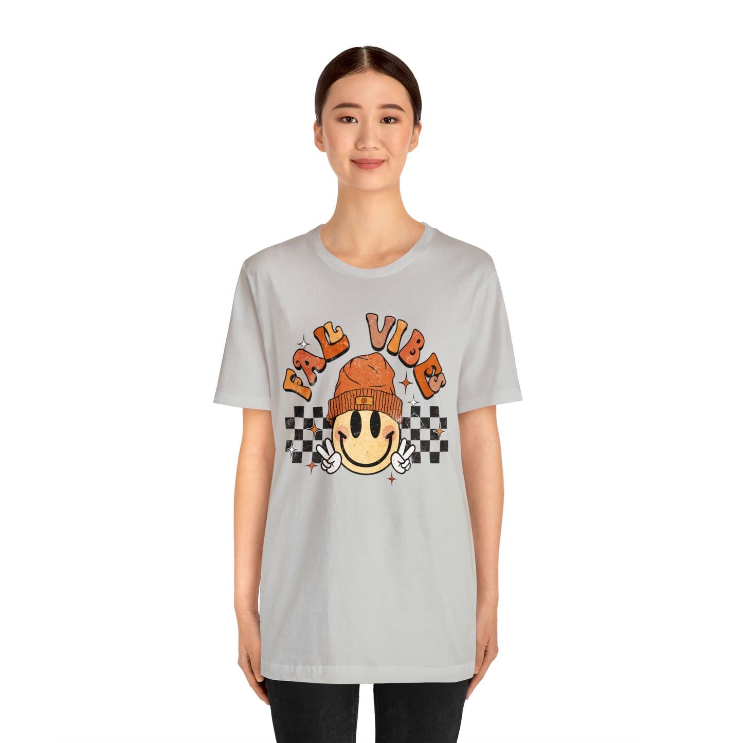 Distressed Halloween Fall Vibes Smiley Face with Beanie and Peace Sign T-Shirt