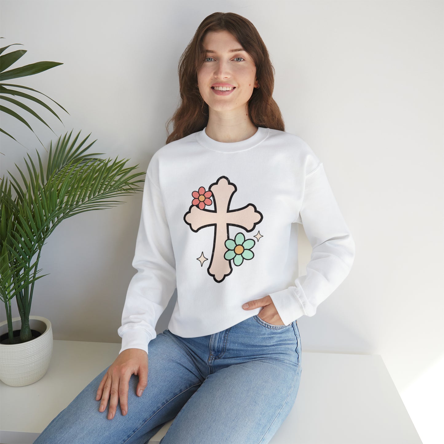 Vintage Floral Cross Design Heavy Blend™ Crewneck Sweatshirt