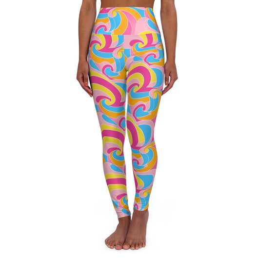 Retro Disco Neon Blue Pink and Yellow High Waisted Yoga Leggings