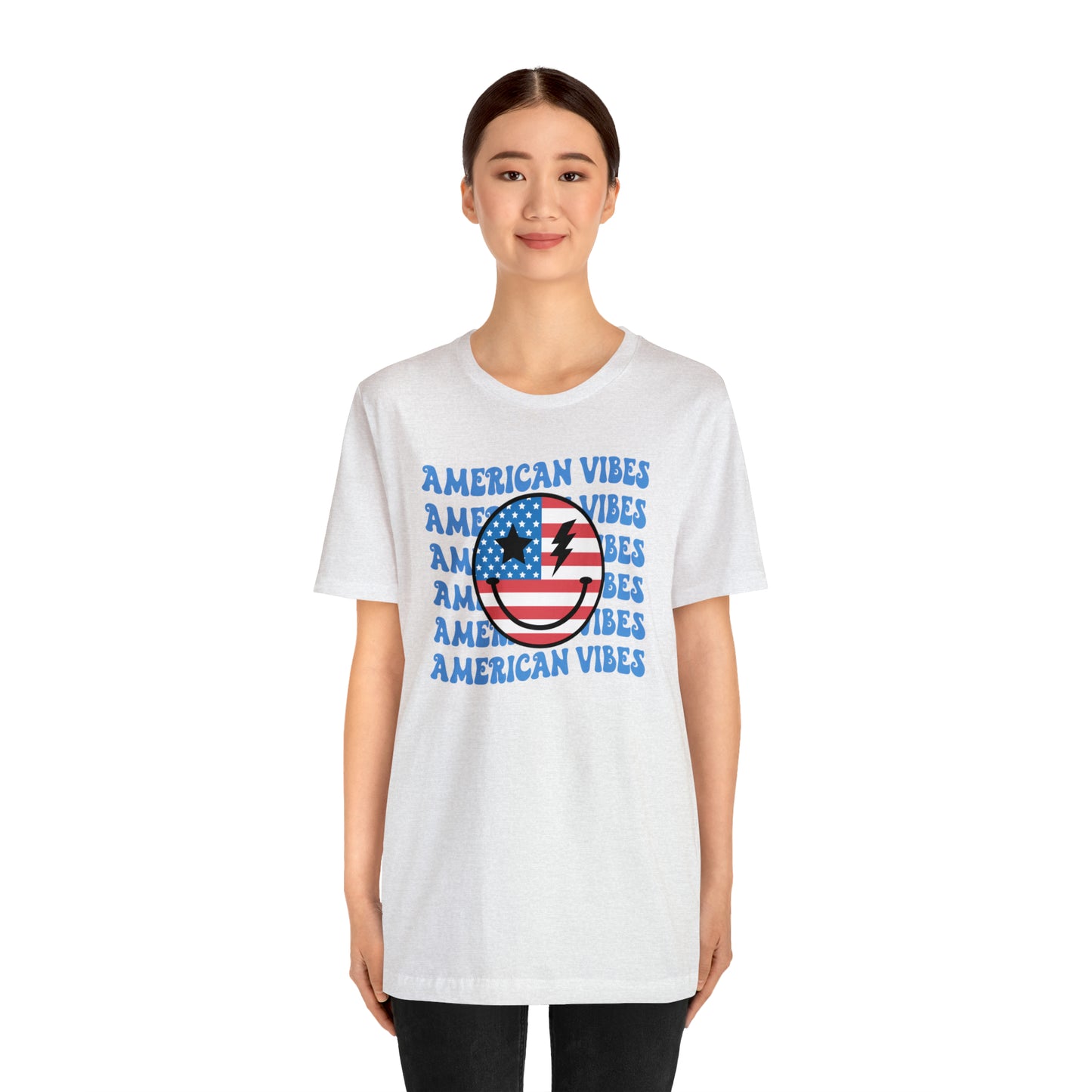 USA American Vibes American Flag Smiley Face Unisex Jersey Short Sleeve Tee