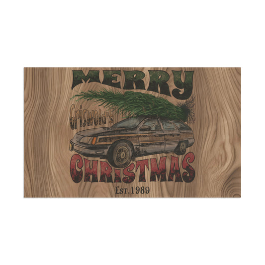 Distressed Merry Griswold's Christmas Tree Station Wagon Holiday Wooden Print Flag