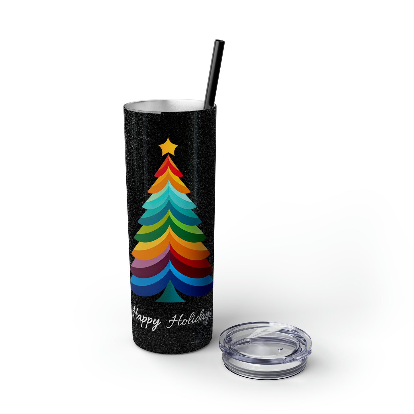 Happy Holidays Layered Rainbow Christmas Tree Skinny Tumbler with Pick your Color Straw, 20oz