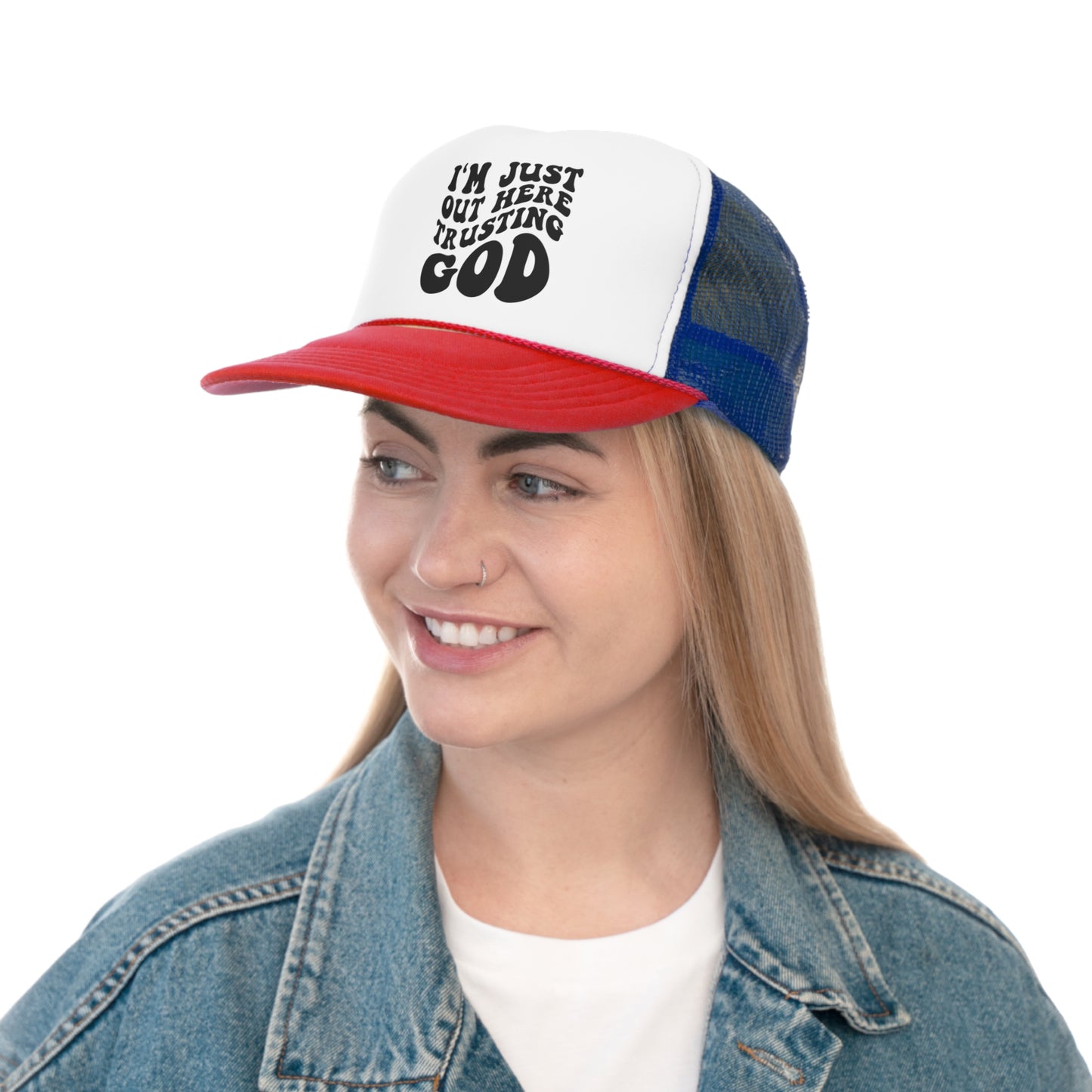 I'm Just Out Here Trusting God Tall Trucker Caps