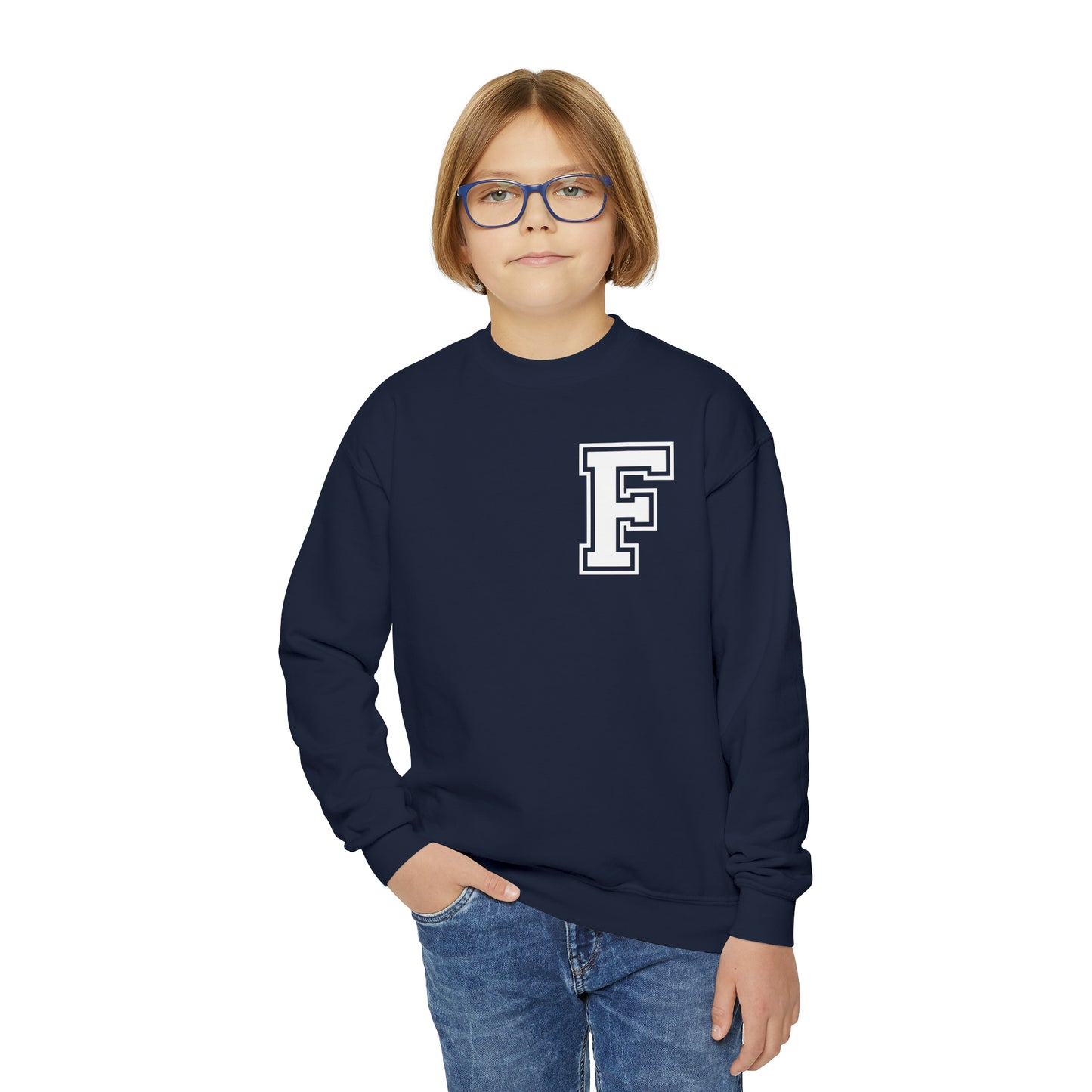 YOUTH - Front to Back Design - Varsity F Vertical Freeburg Midgets Logo Youth Crewneck Sweatshirt