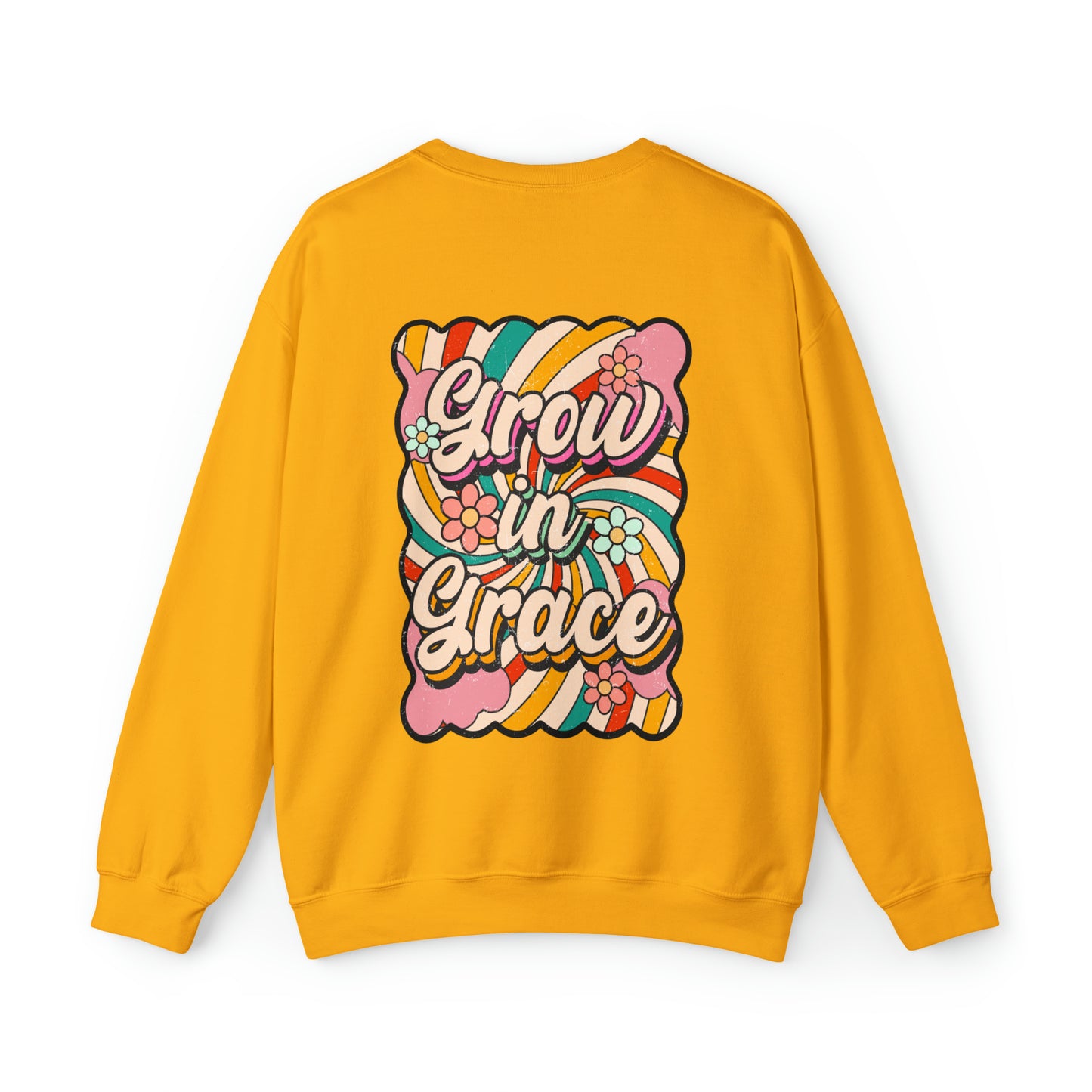 Vintage Grow in Grace with Cross Boho Color Print -  Front and Back Design Heavy Blend™ Crewneck Sweatshirt