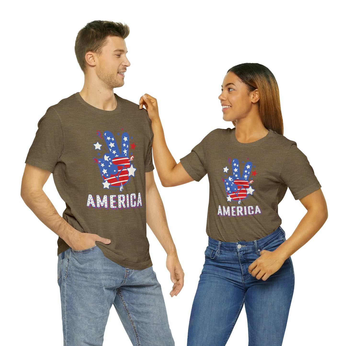 America USA Stars Peace Sign with Hands Unisex Jersey Short Sleeve Tee