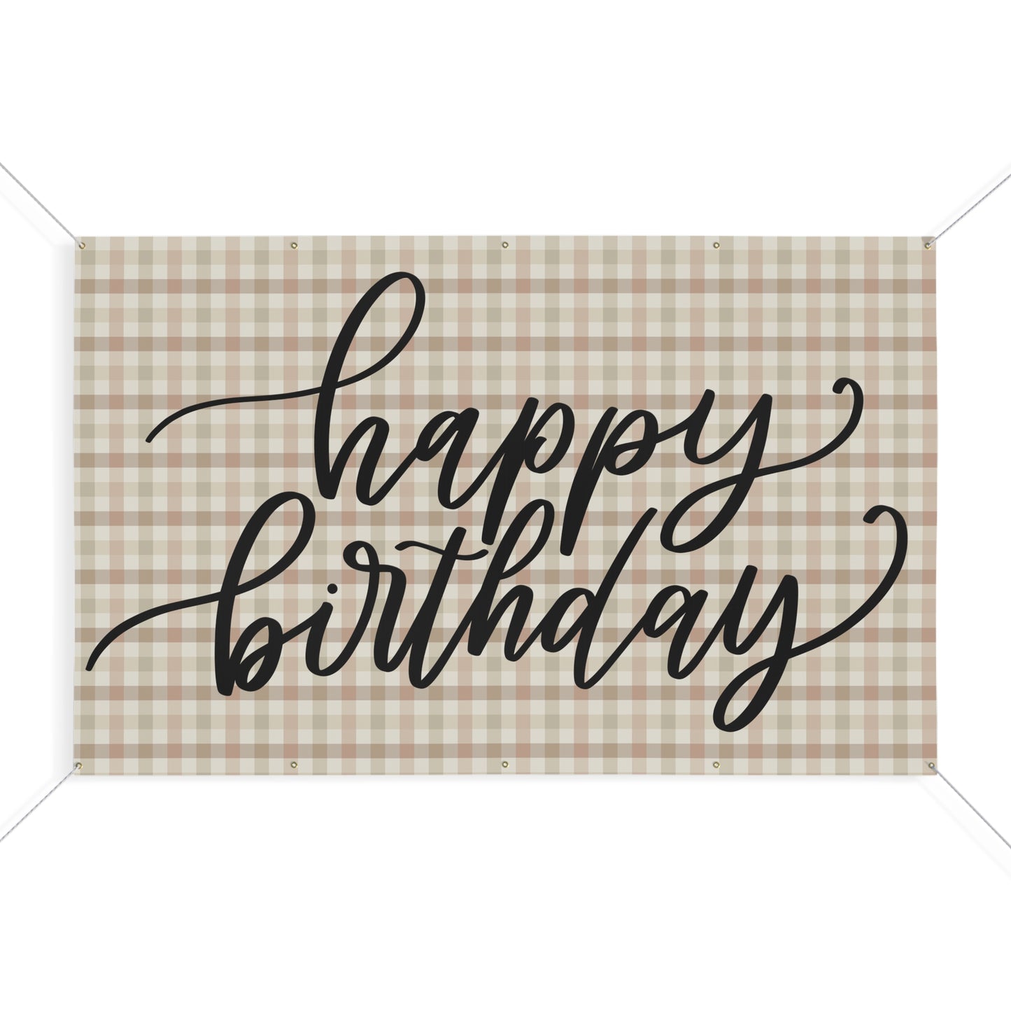 Boho Plaid Cream Cursive Happy Birthday Matte Banner - Pink