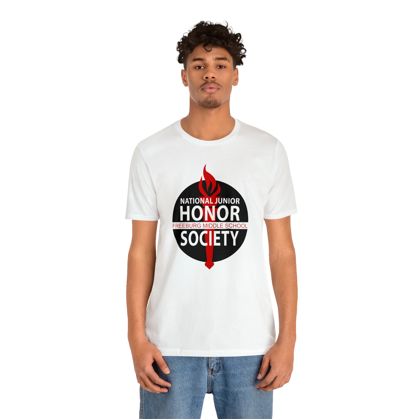 Freeburg Middle School Black Red and White NJHS National Junior Honor Society Red Torch Logo Bella Jersey Short Sleeve Tee (Unisex)