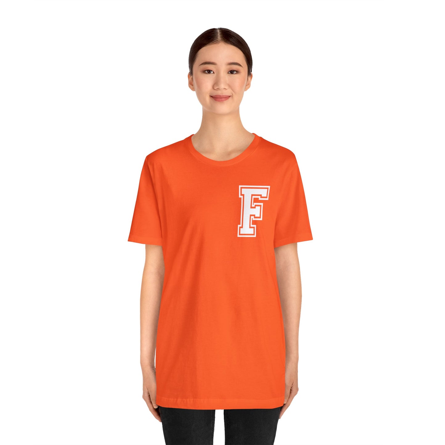 Front and Back Design - Varsity F Vertical Freeburg Midgets Logo Bella Jersey Short Sleeve Tee (Unisex)