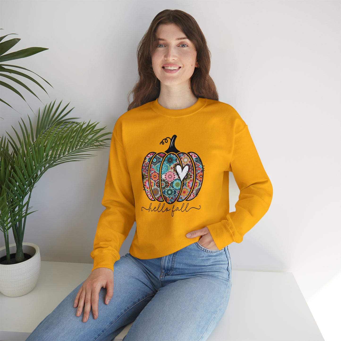 Hello Fall Print Pumpkin Fall Halloween Retro Warm Colored  Unisex Heavy Blend™ Crewneck Sweatshirt