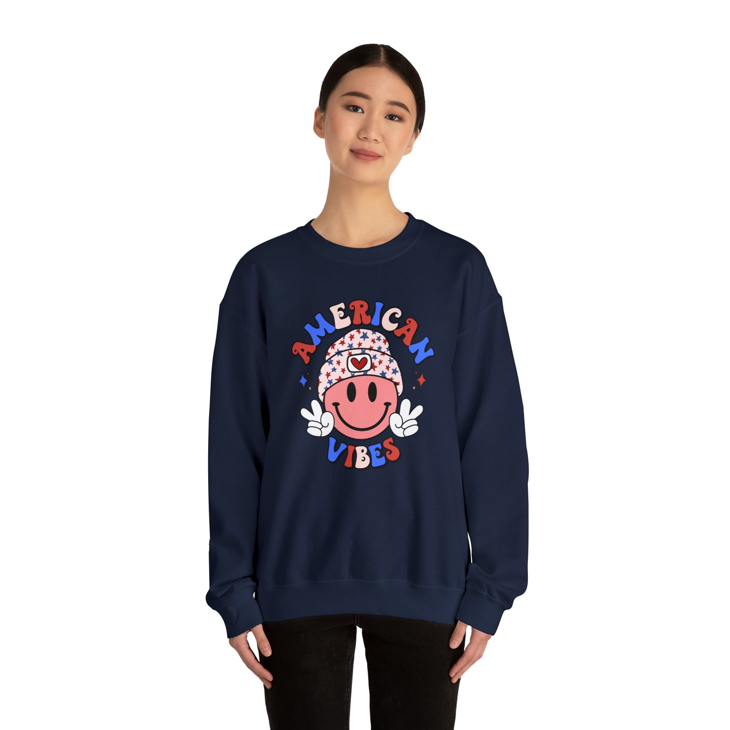 USA American Vibes Smiley Face with Heart Beanie and Peace Signs Heavy Blend™ Crewneck Sweatshirt